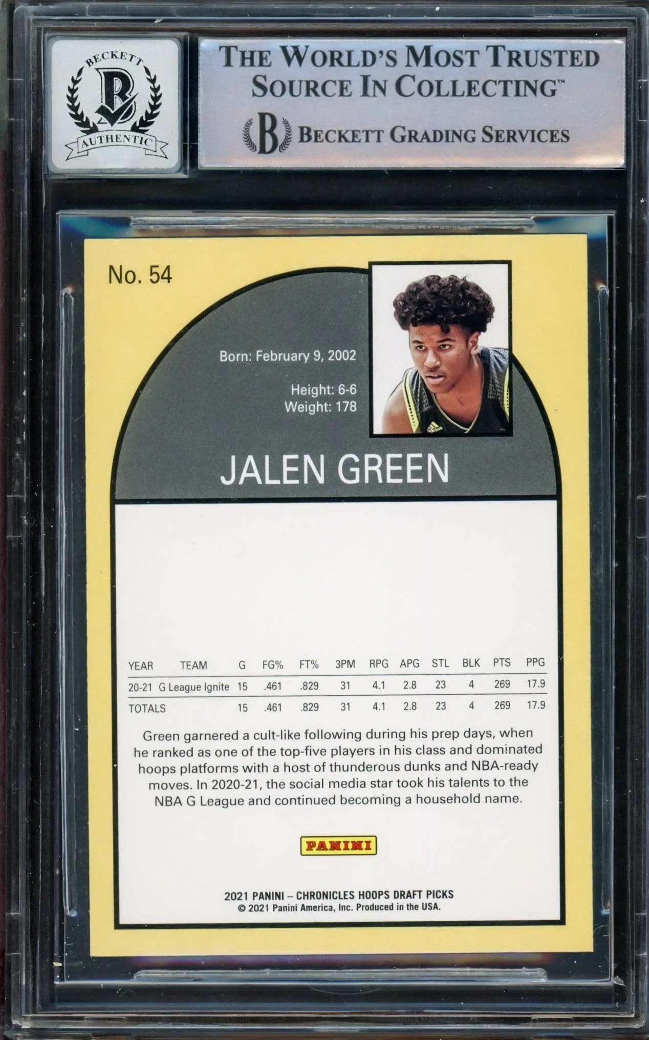 Jalen Green Autographed 2021-22 Hoops Tribute Rookie Card #54 Houston Rockets Auto Grade Gem Mint 10 Beckett BAS #14235647 - Image 2