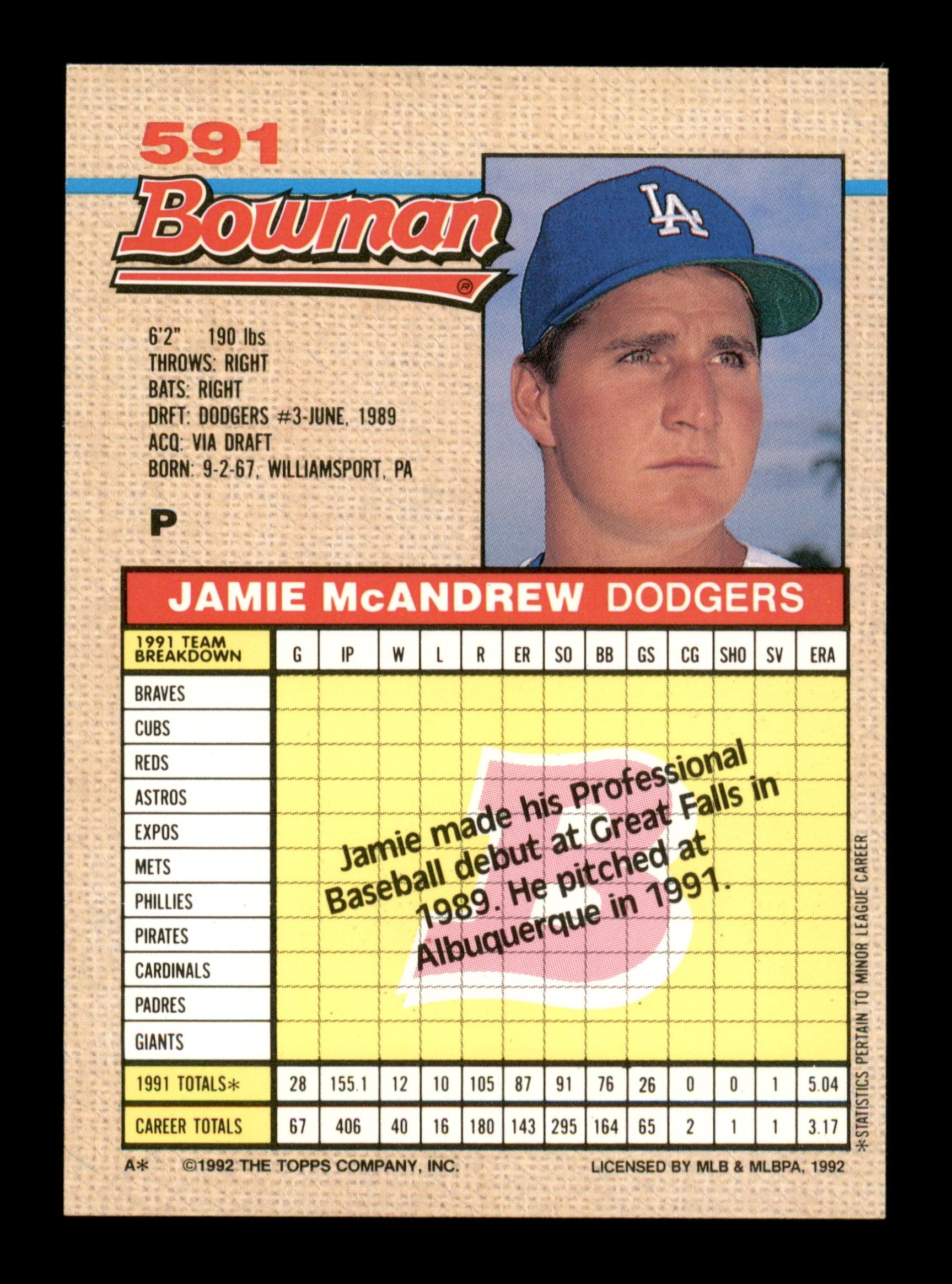 Jamie McAndrew Autographed 1992 Bowman Rookie Card #591 Los Angeles Dodgers SKU #195709 - Image 2