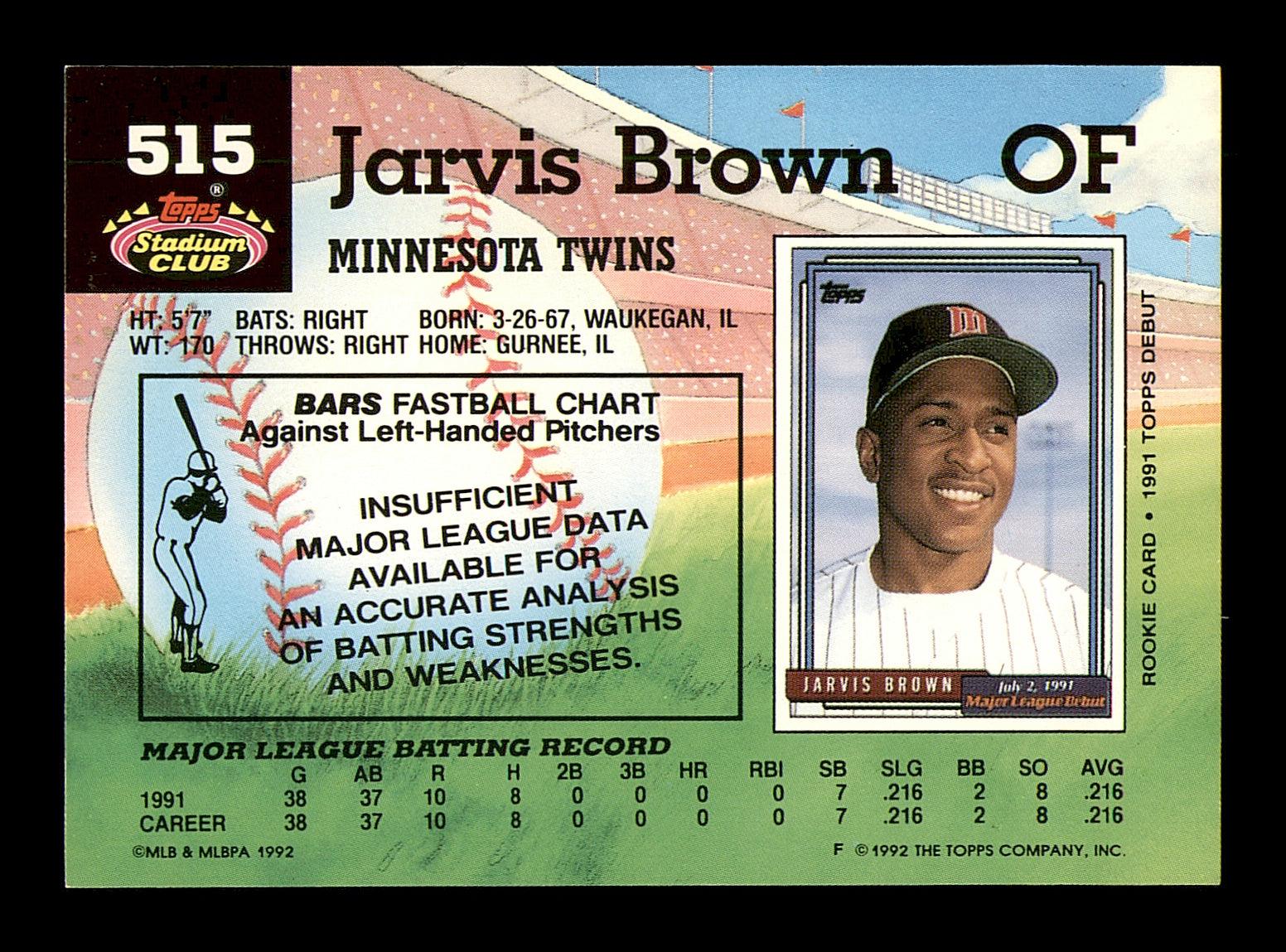 Jarvis Brown Autographed 1992 Stadium Club Rookie Card #515 Minnesota Twins SKU #183851 - Image 2