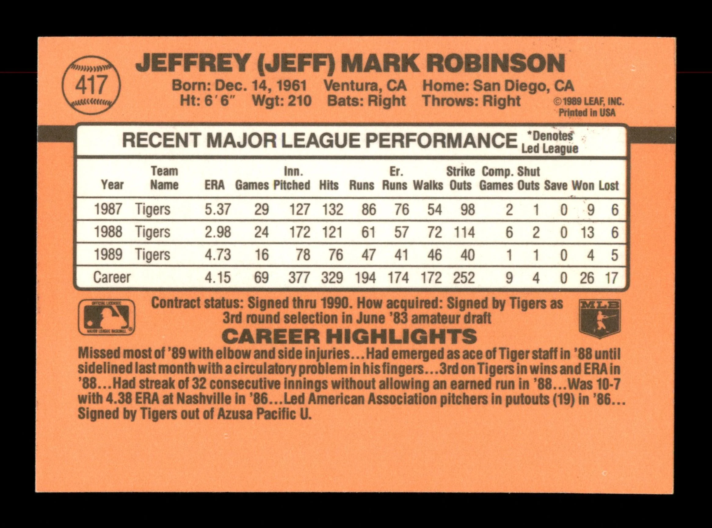Jeff Robinson Autographed 1990 Donruss Card #417 Detroit Tigers SKU #188579 - Image 2