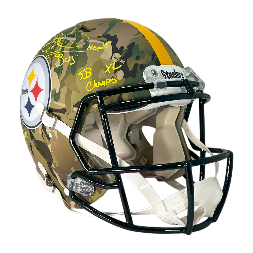 Jerome Bettis Signed Multi Inscription Pittsburgh Steelers Camo Authentic Speed Full-Size Football Helmet (Beckett) - Image 2