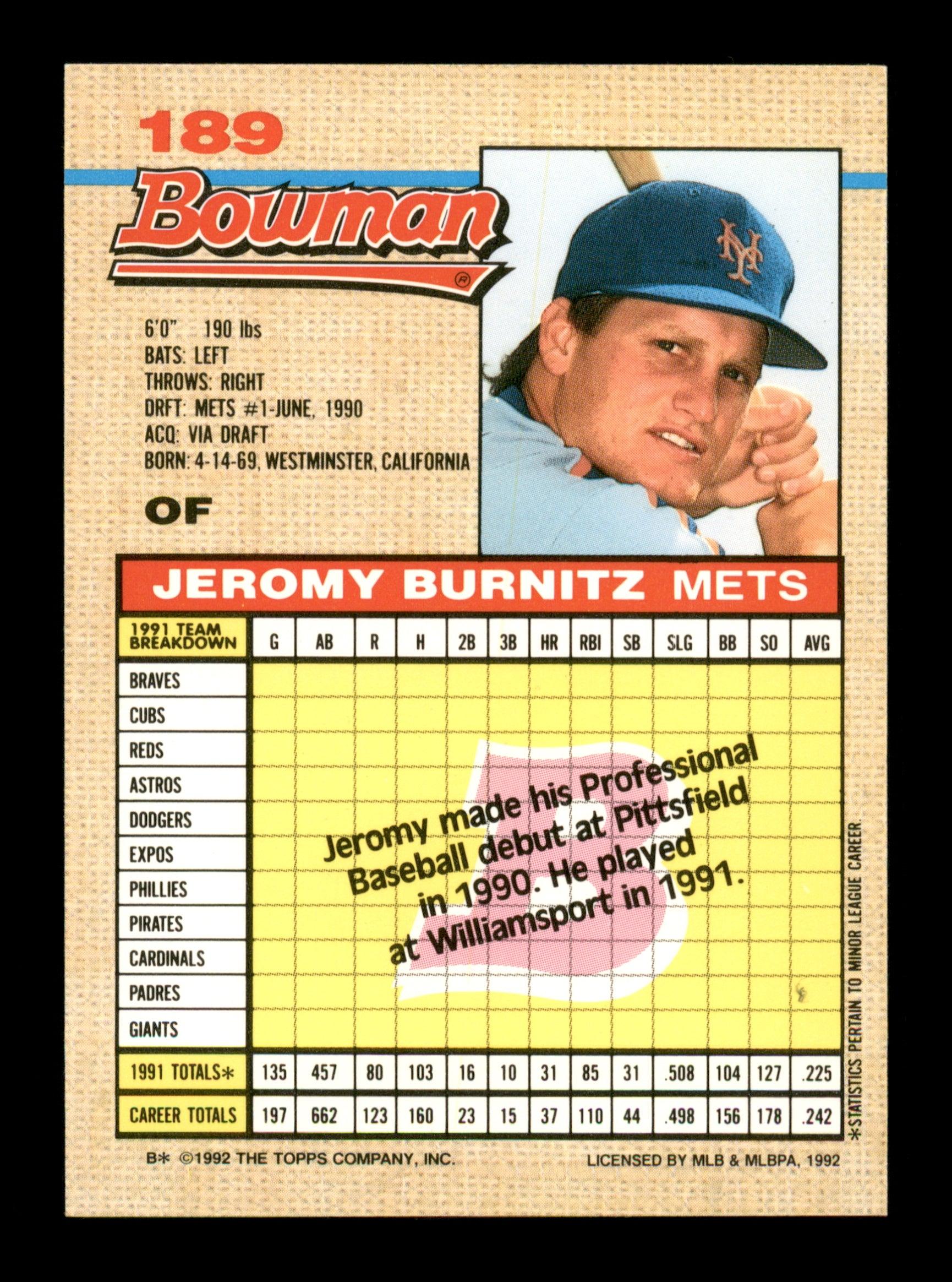 Jeromy Burnitz Autographed 1992 Bowman Rookie Card #189 New York Mets SKU #195646 - Image 2