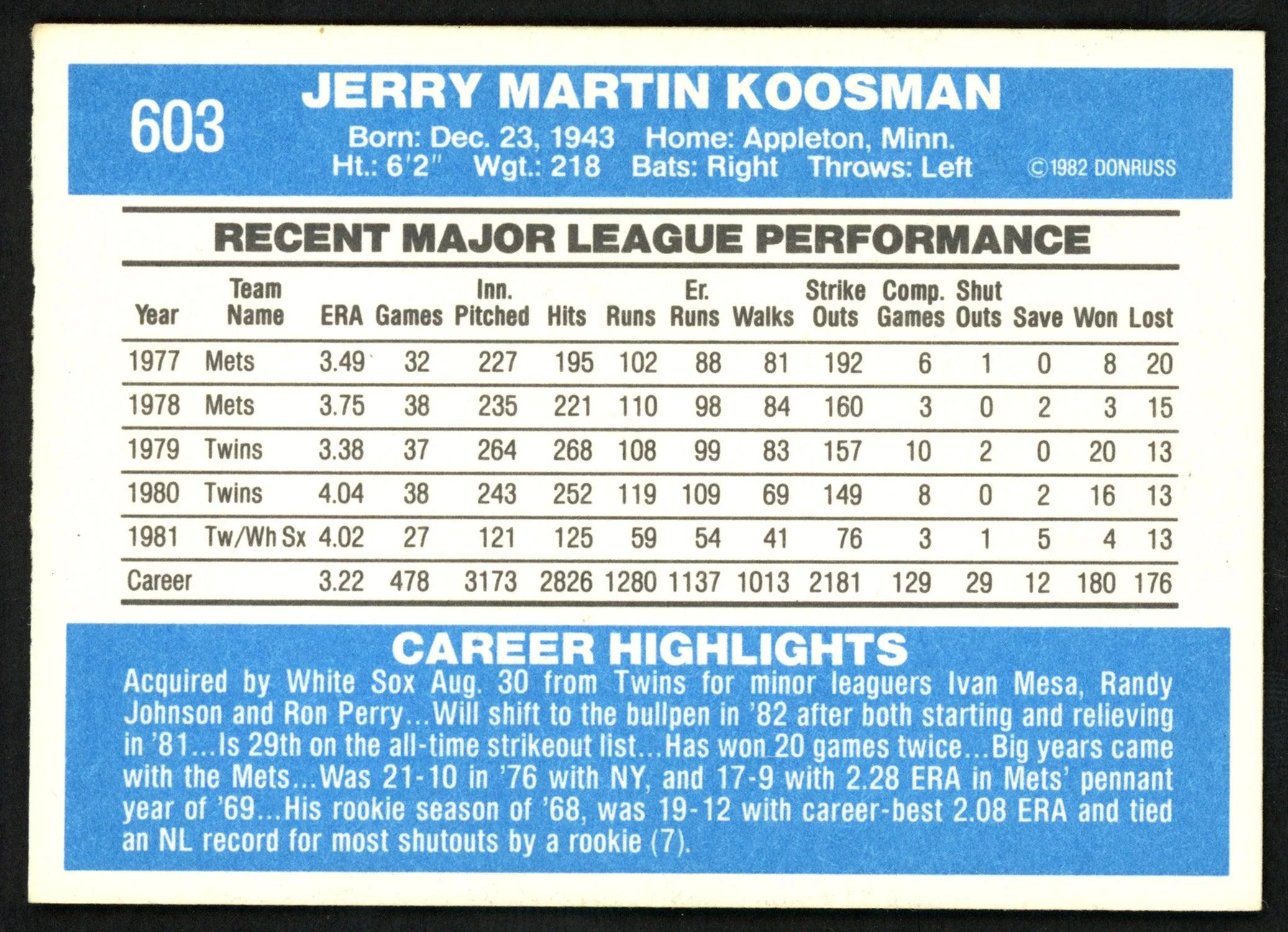 Jerry Koosman Autographed 1982 Donruss Card #603 Chicago White Sox SKU #149990 - Image 2