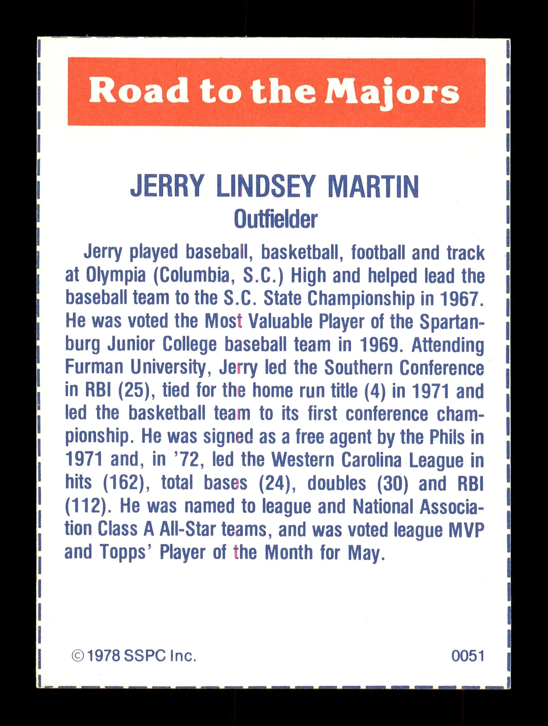 Jerry Martin Autographed 1978 SSPC Card #51 Philadelphia Phillies SKU #172268 - Image 2
