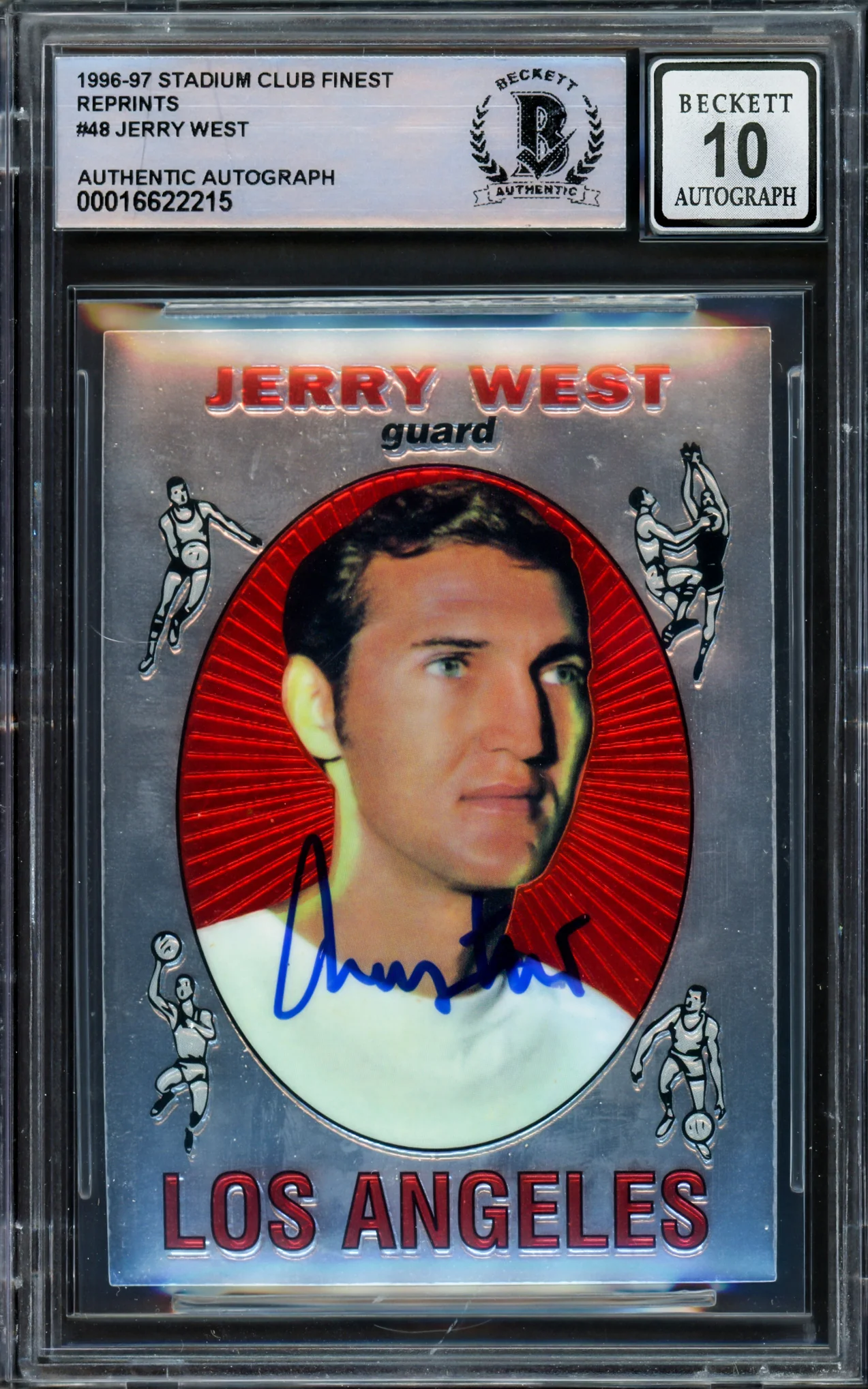 Jerry West Autographed 1996-97 Stadium Club Finest Reprints Card #48 Card Los Angeles Lakers Auto Grade Gem Mint 10 #/333 Beckett BAS
