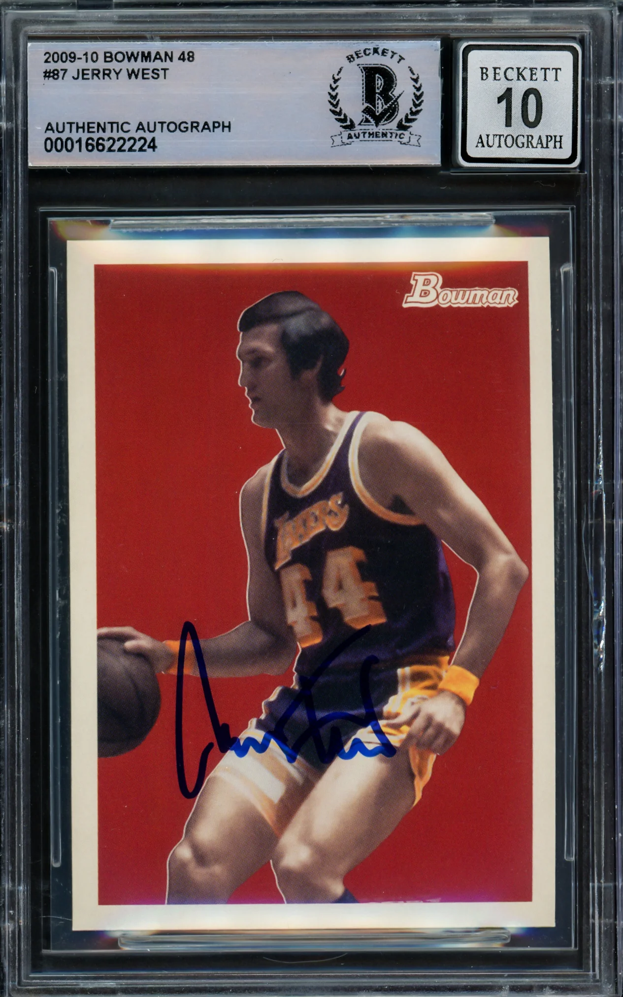 Jerry West Autographed 2009-10 Bowman Card #87 Card Los Angeles Lakers Auto Grade Gem Mint 10 Beckett BAS