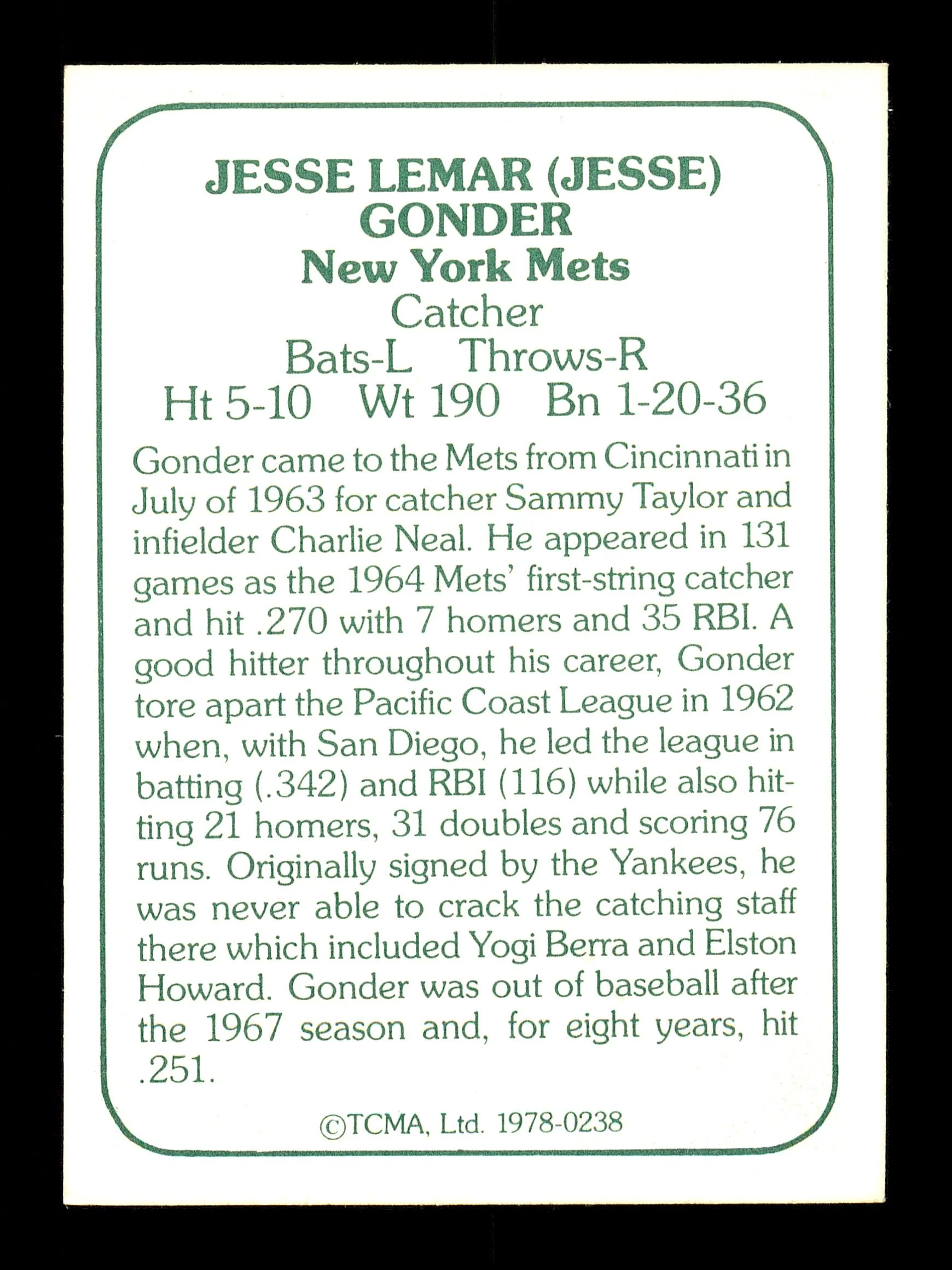 Jesse Gonder Autographed 1978 TCMA Card #238 New York Mets SKU #171520 - Image 2