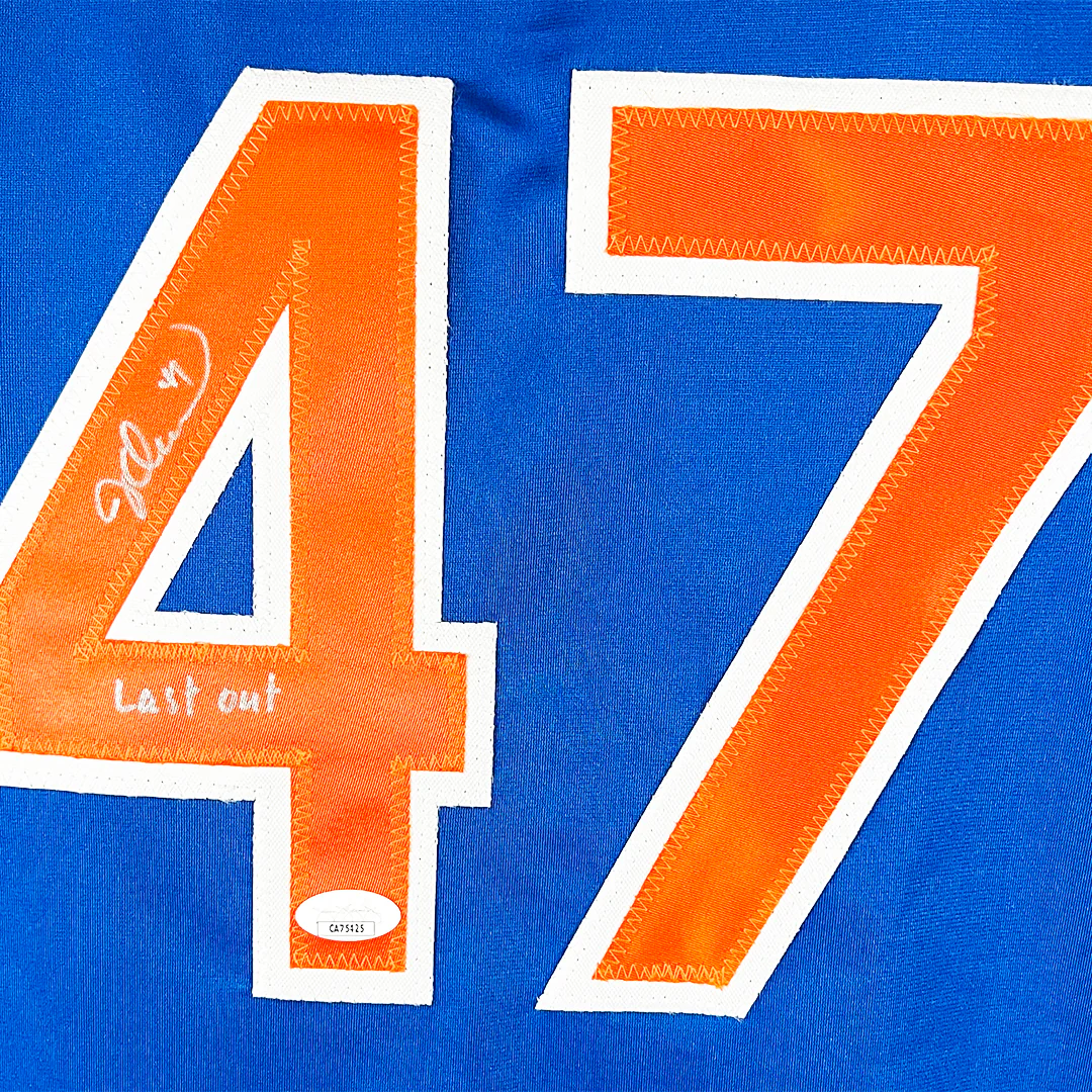 Jesse Orosco Signed Last Out Inscription New York Blue Baseball Jersey (JSA) - Image 2
