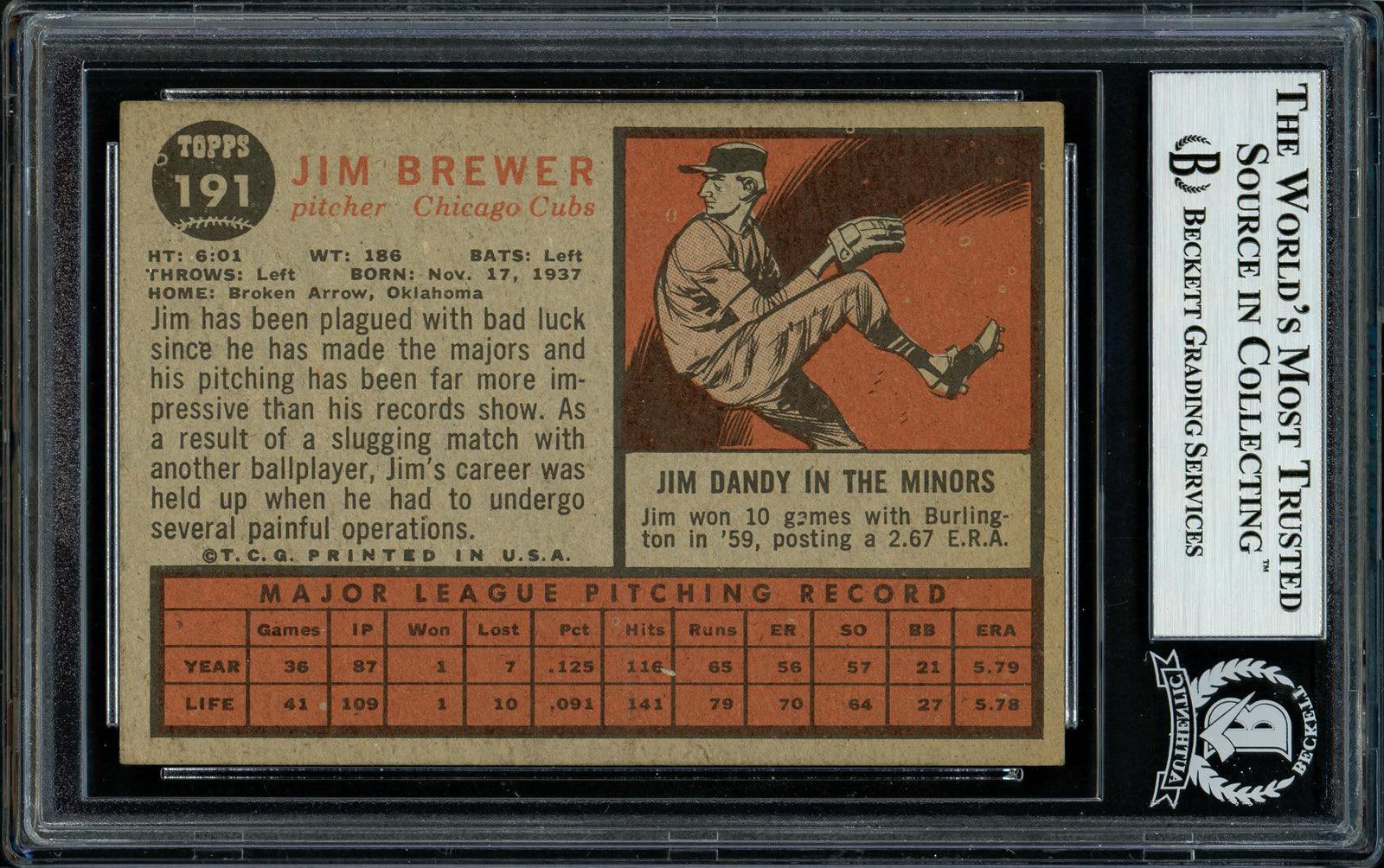 Jim Brewer Autographed 1962 Topps Card #191 Chicago Cubs Beckett BAS #11481430 - Image 2