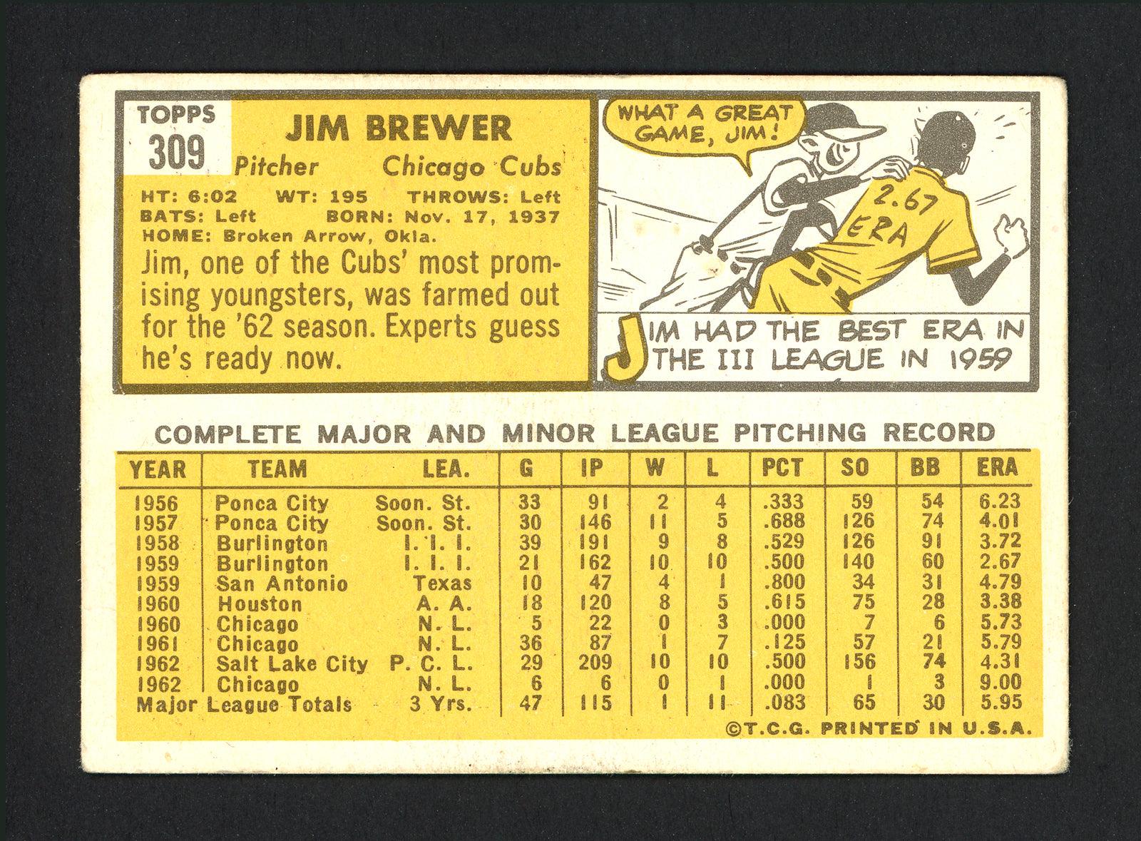 Jim Brewer Autographed 1963 Topps Card #309 Chicago Cubs SKU #165212 - Image 2