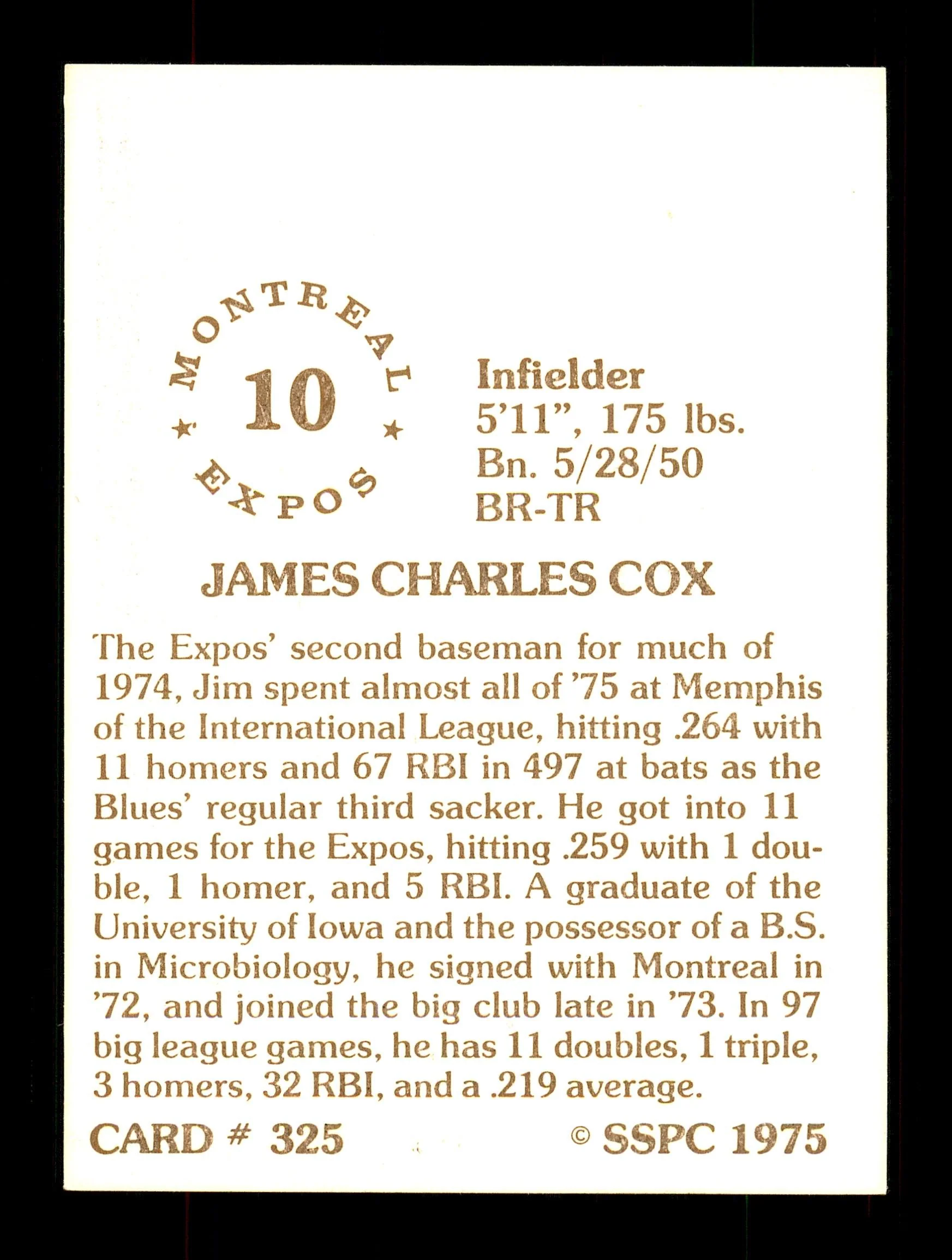 Jim Cox Autographed 1975 SSPC Card #325 Montreal Expos SKU #172495 - Image 2