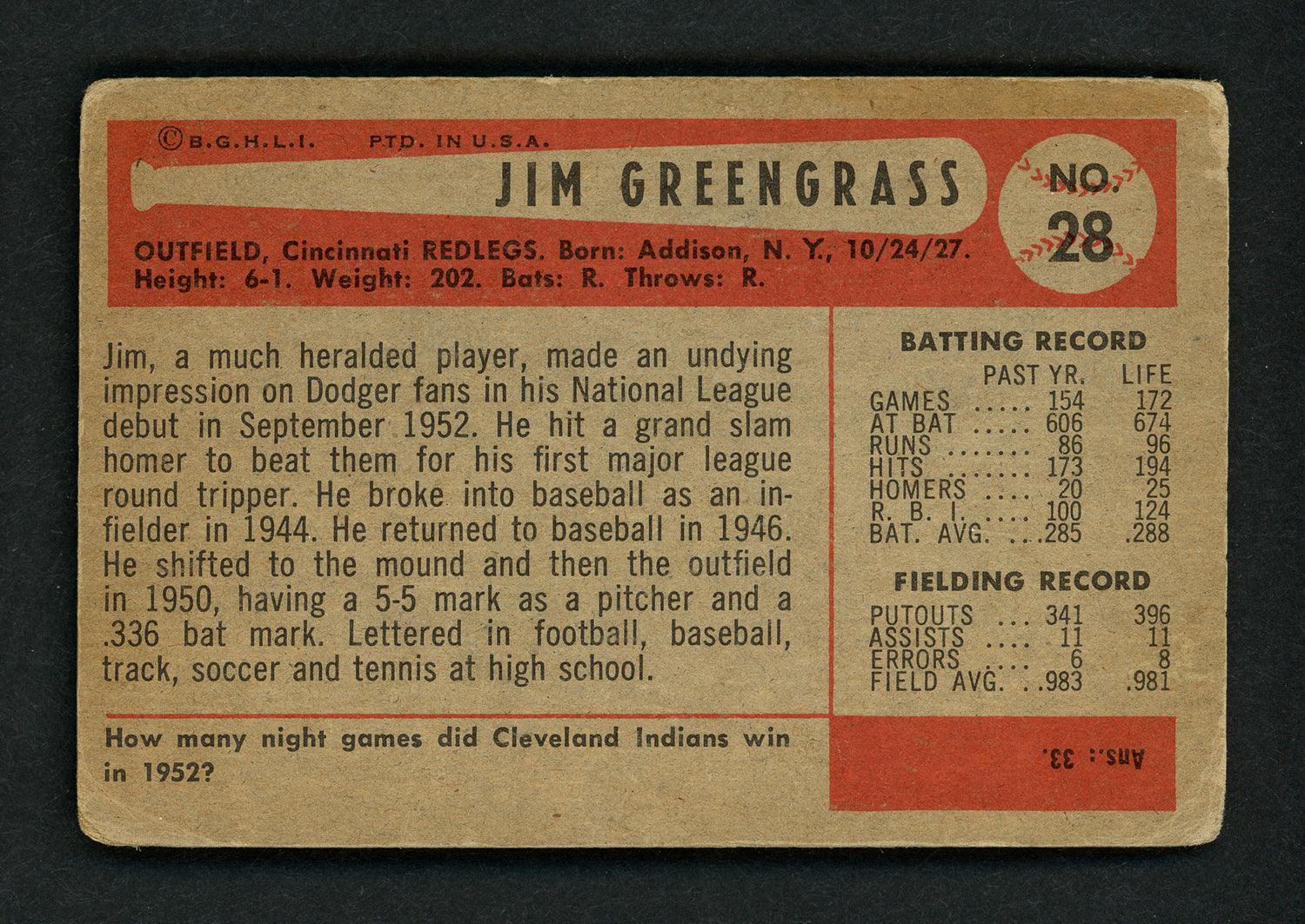 Jim Greengrass Autographed 1954 Bowman Card #28 Cincinnati Reds SKU #156962 - Image 2