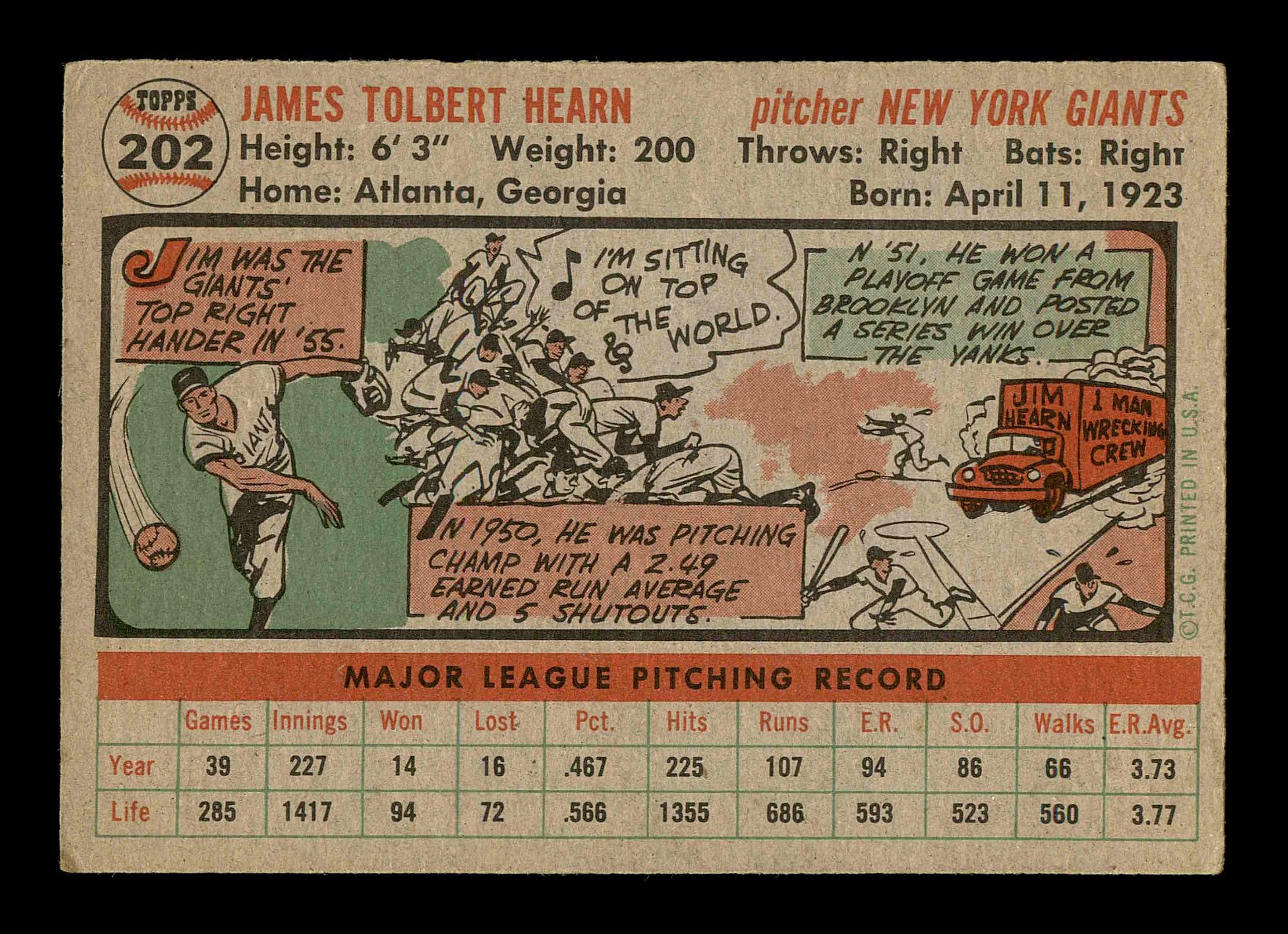 Jim Hearn Autographed 1956 Topps Card #202 New York Giants SKU #178635 - Image 2