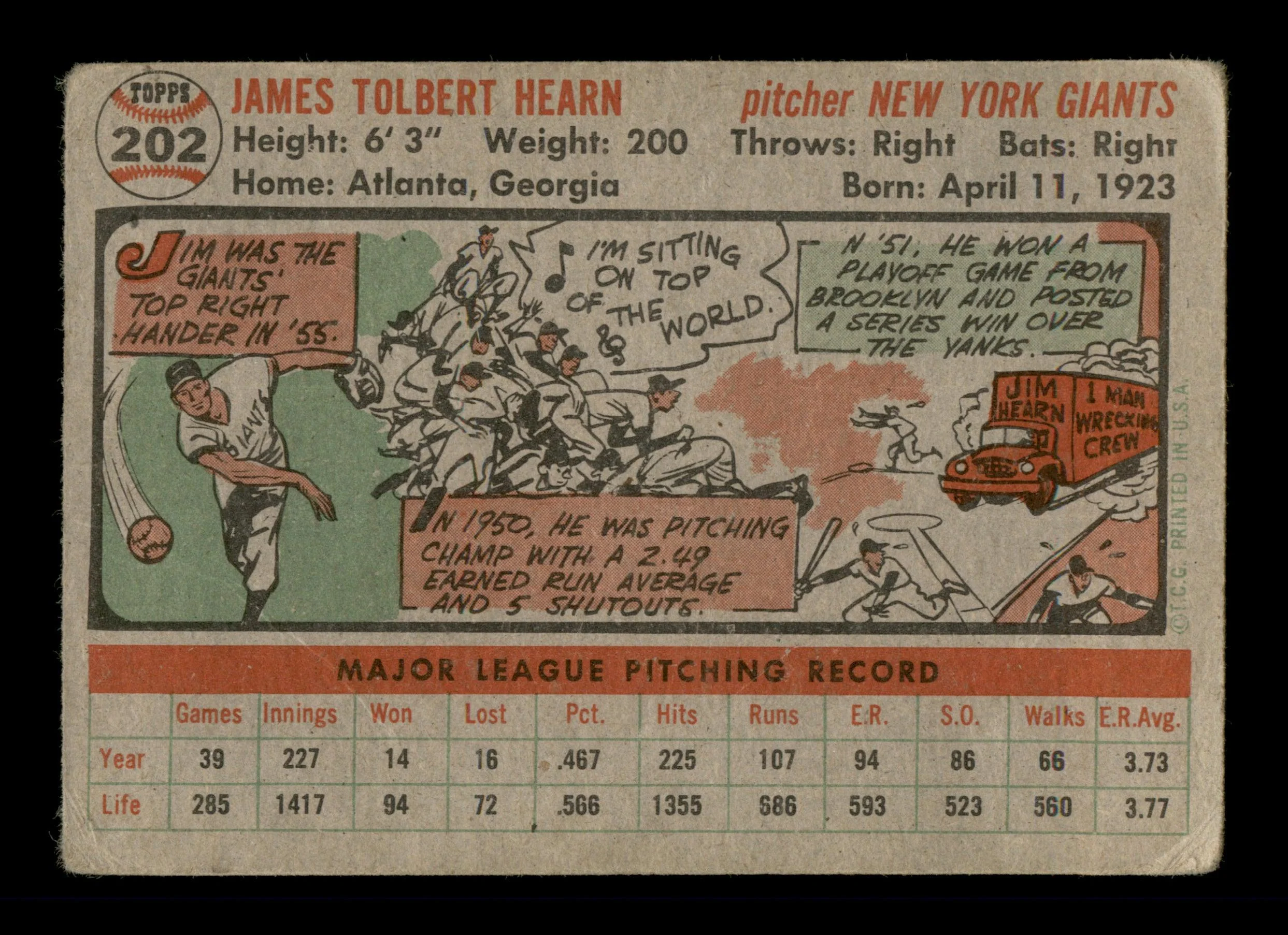 Jim Hearn Autographed 1956 Topps Card #202 New York Giants SKU #198357 - Image 2