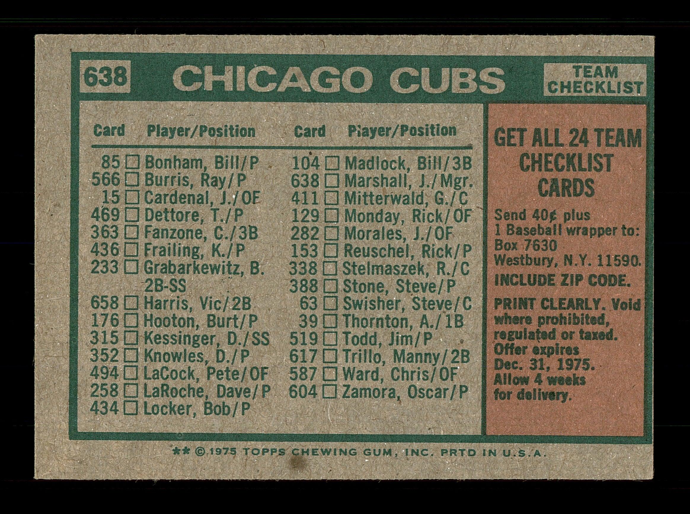 Jim Marshall Autographed 1975 Topps Card #638 Chicago Cubs SKU #168545 - Image 2