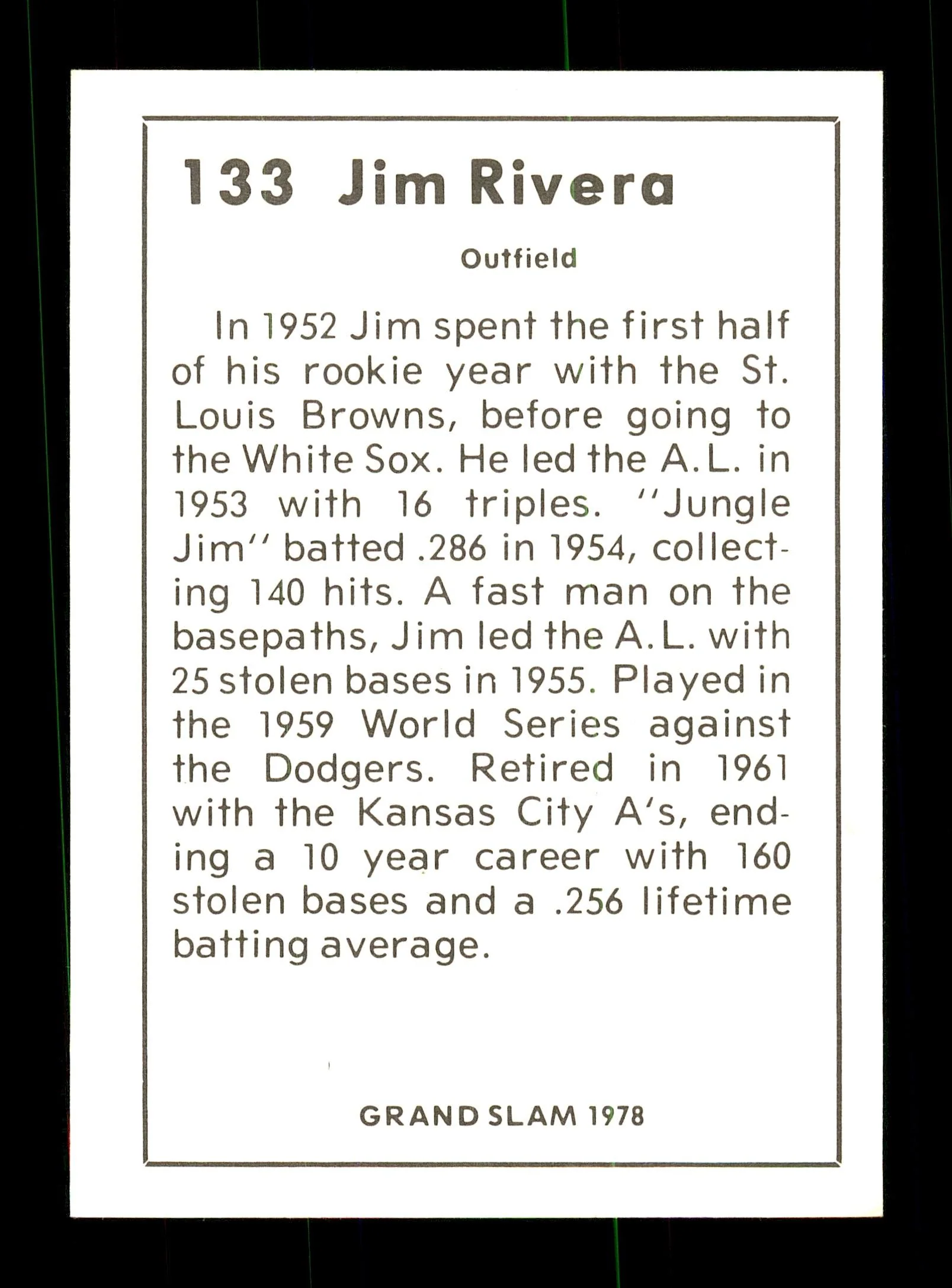 Jim Rivera Autographed 1978 Grand Slam Card #133 Chicago White Sox SKU #171944 - Image 2