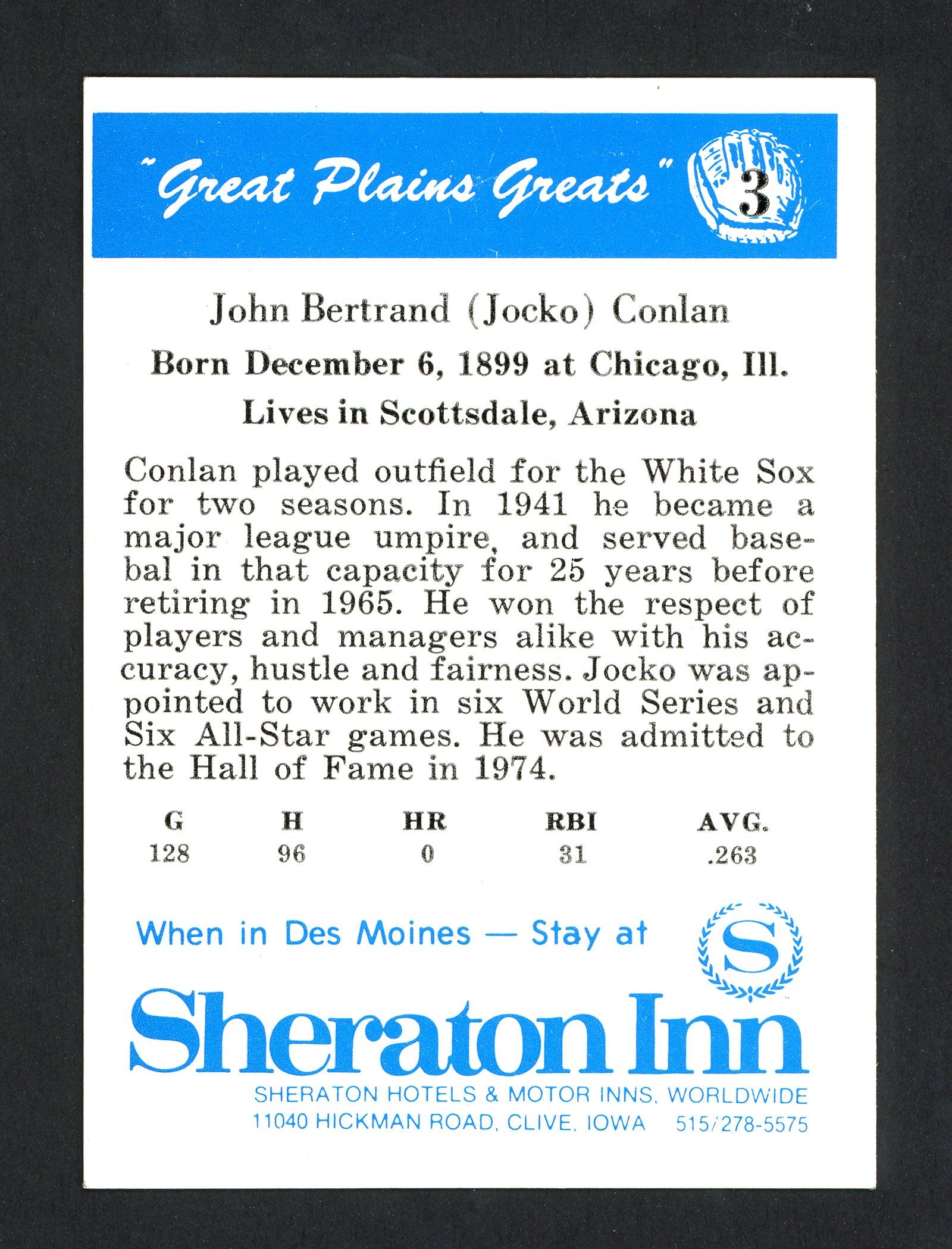Jocko Conlan Autographed 1975 Great Plains Great Card #3 Chicago White Sox SKU #160435 - Image 2
