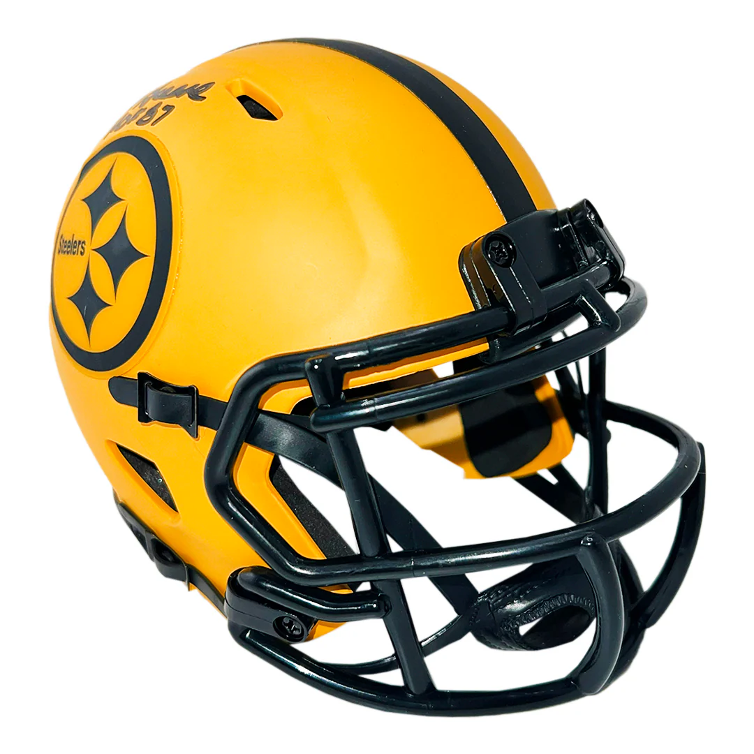 Joe Greene Signed HOF 87 Inscription Pittsburgh Steelers Rave Mini Football Helmet (Beckett) - Image 3