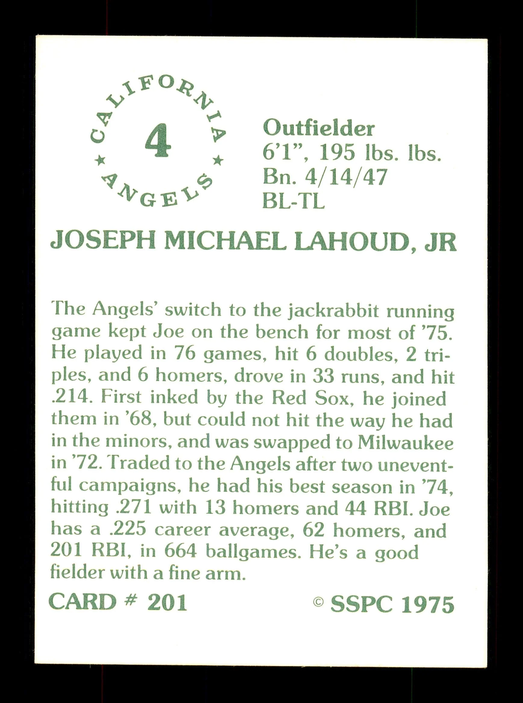 Joe Lahoud Autographed 1975 SSPC Card #201 California Angels "Best Wishes" SKU #172460 - Image 2