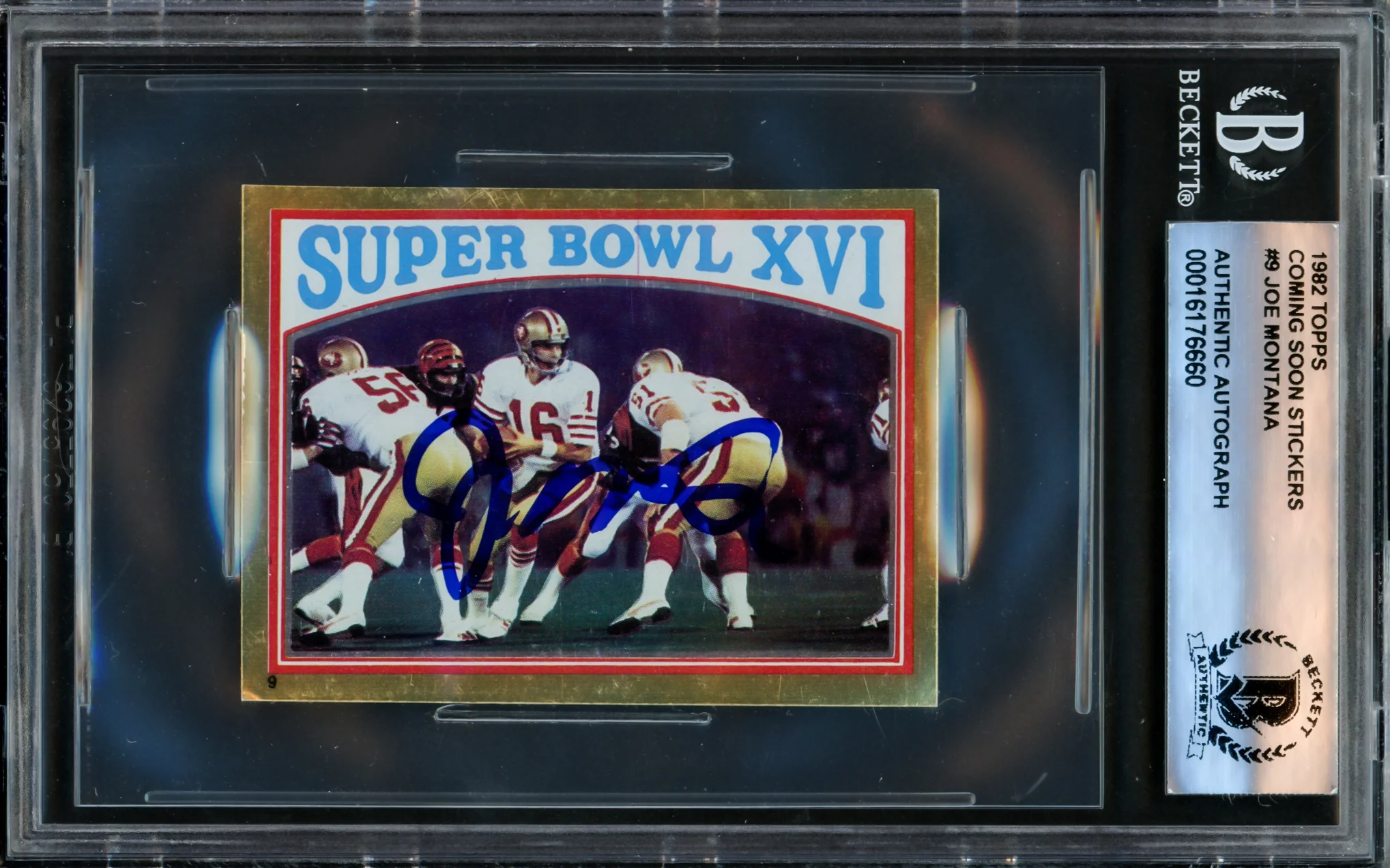 Joe Montana Autographed 1982 Topps Sticker Card #9 San Francisco 49ers Beckett BAS #16176660