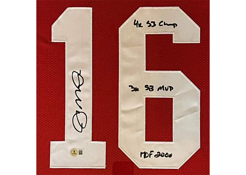Joe Montana Signed 4x SB Champ - 3x SB MVP - HOF 2000 Inscription San Francisco Framed Jersey 34x42 (Beckett) - Image 2