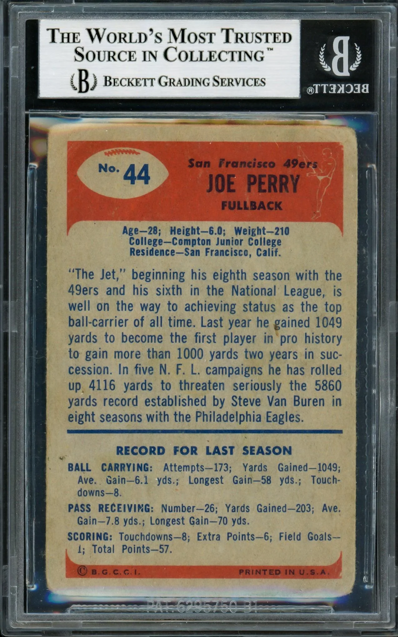 Joe Perry Autographed 1955 Bowman Card #44 San Francisco 49ers Beckett BAS #14066527 - Image 2