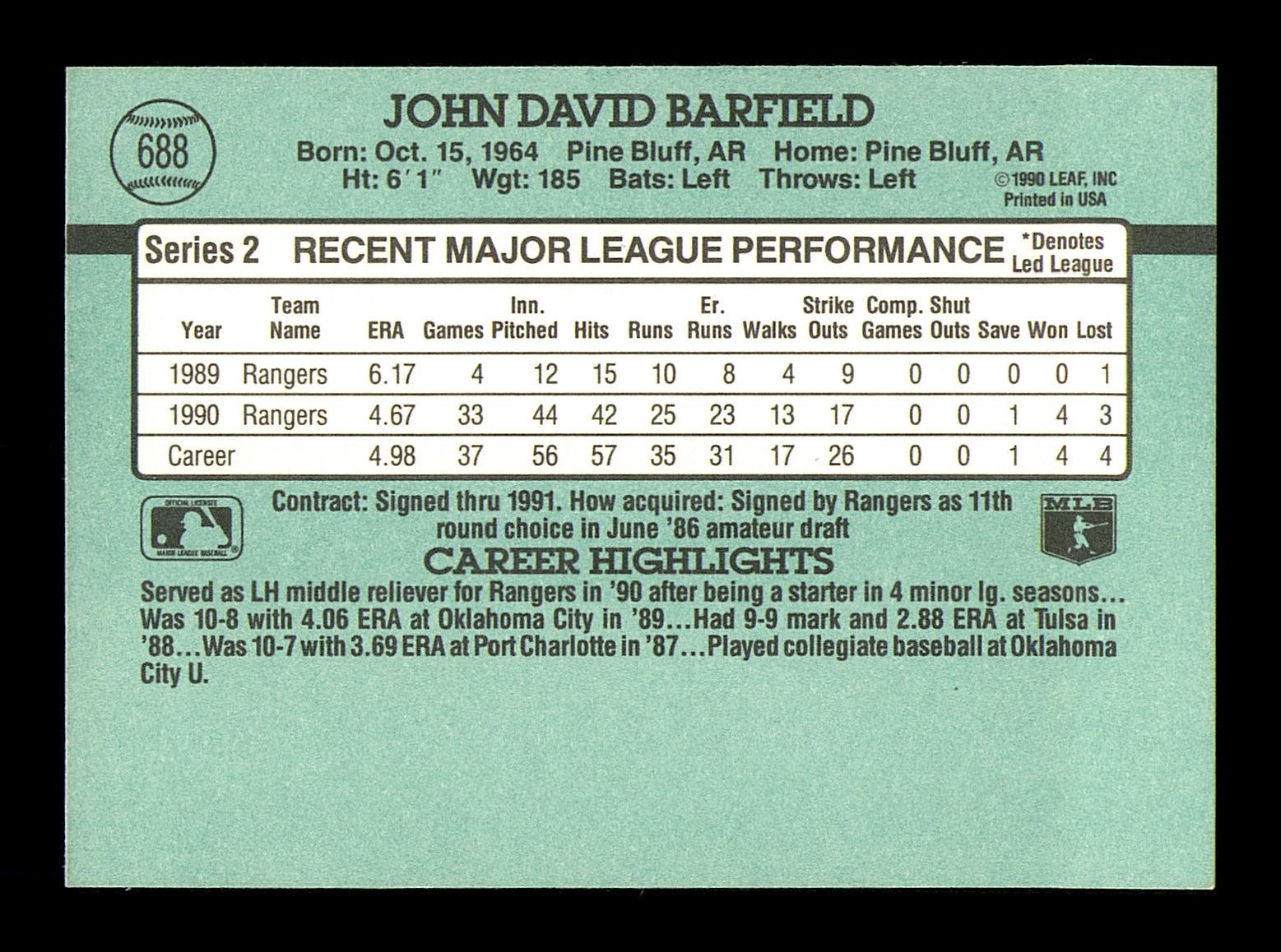 John Barfield Autographed 1991 Donruss Card #688 Texas Rangers SKU #184518 - Image 2