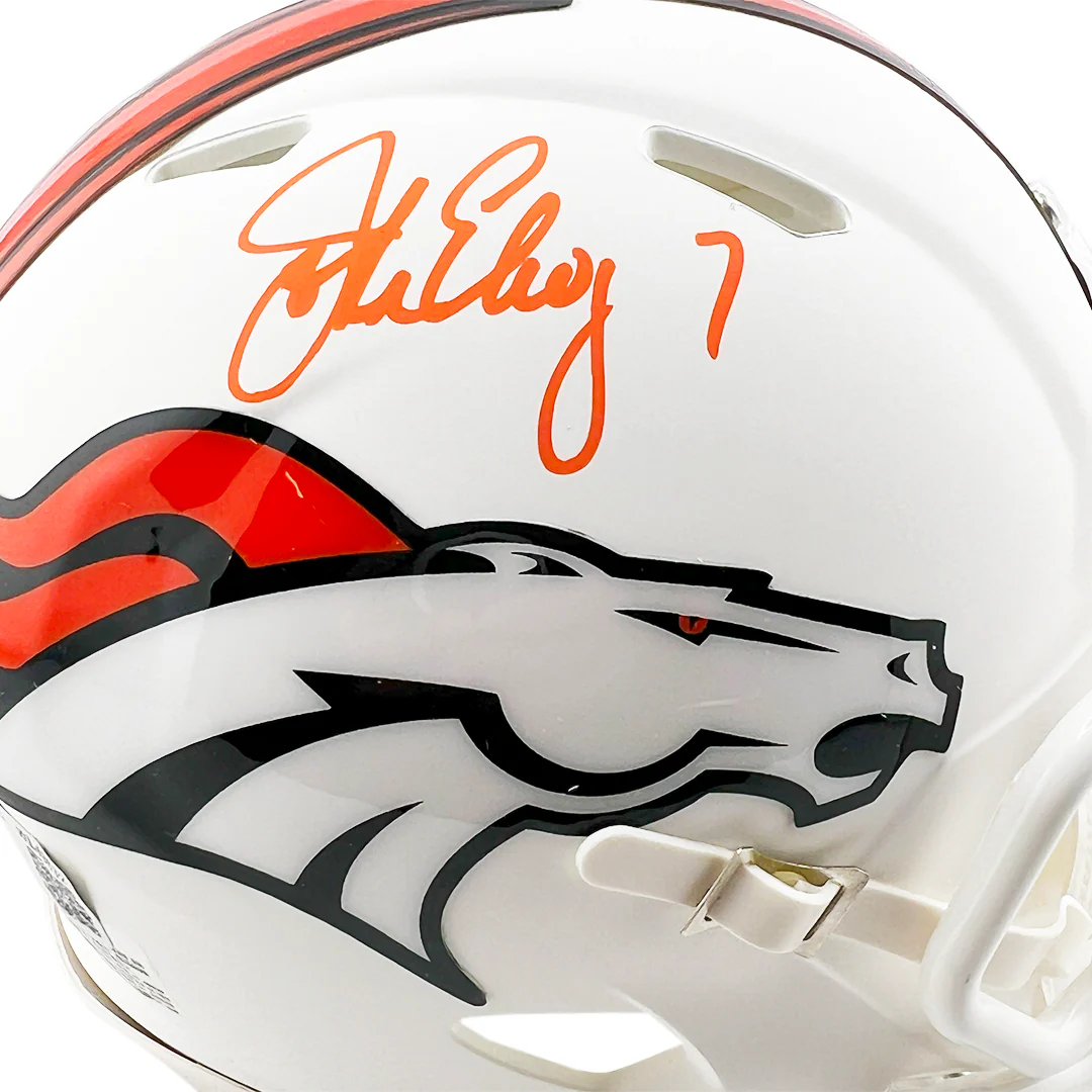John Elway Signed Denver Broncos Flat White Speed Mini Football Helmet (Beckett) - Image 2