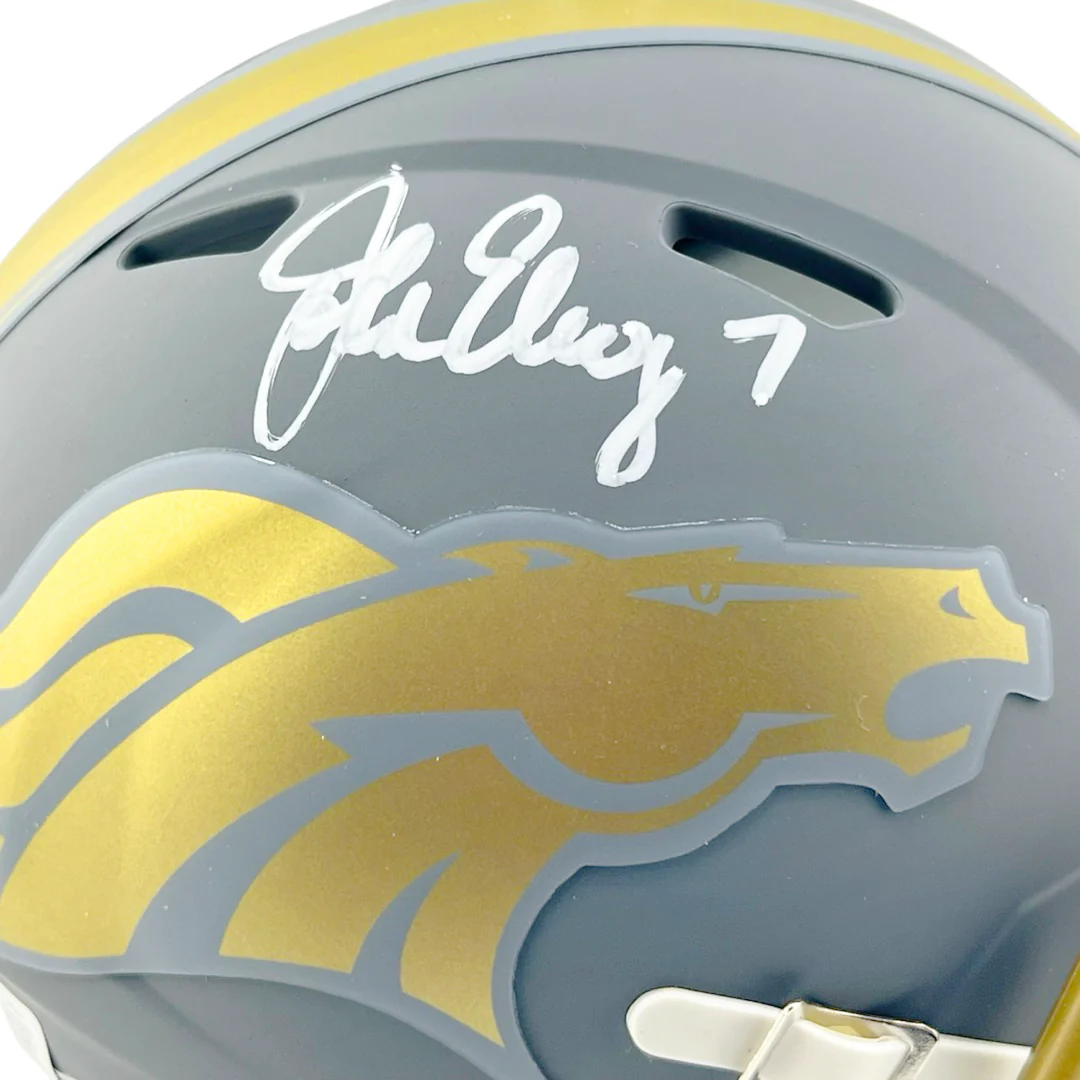 John Elway Signed White Ink Denver Broncos Slate Alternate Speed Mini Football Helmet (Beckett) - Image 2