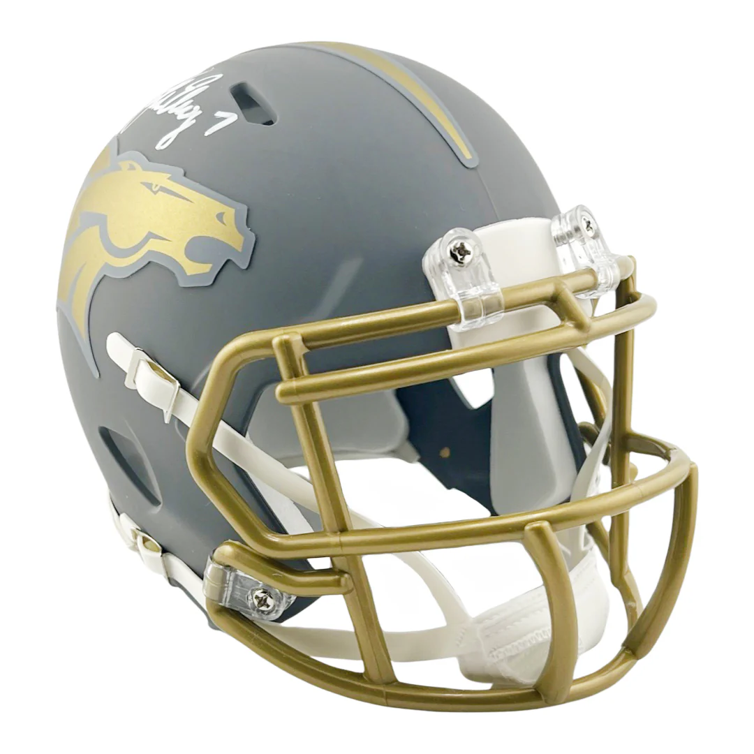 John Elway Signed White Ink Denver Broncos Slate Alternate Speed Mini Football Helmet (Beckett) - Image 3