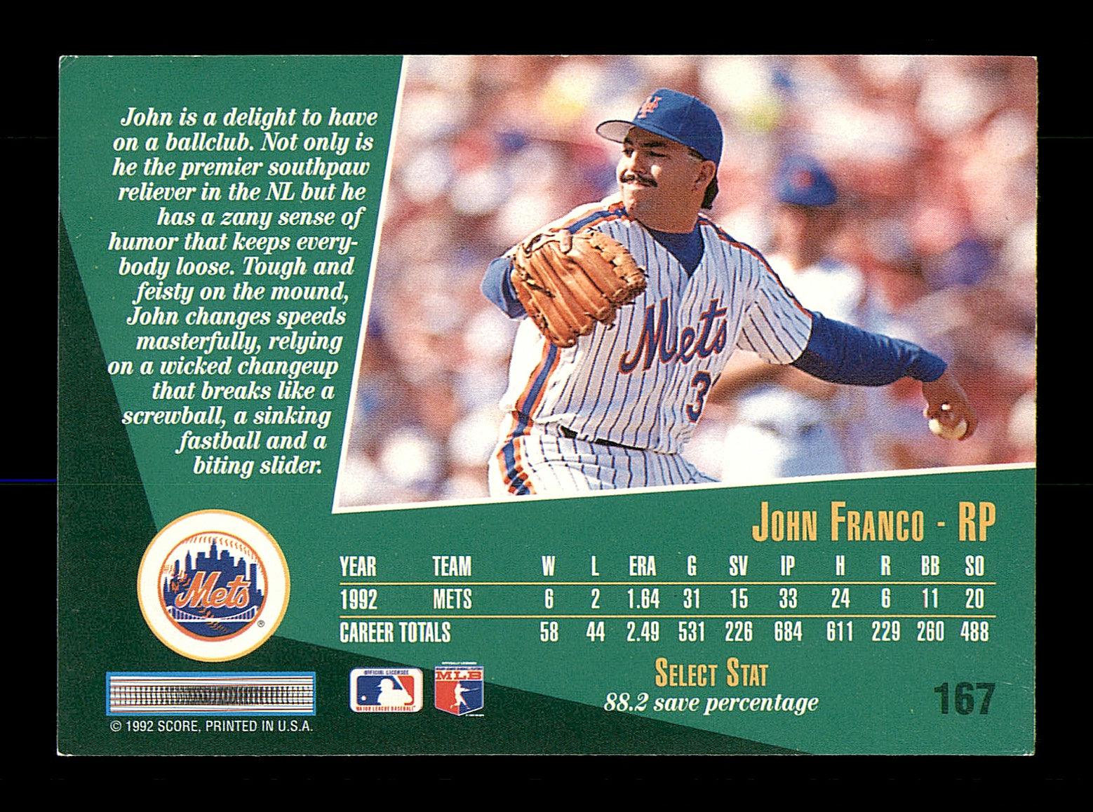 John Franco Autographed 1993 Score Select Card #167 New York Mets SKU #183978 - Image 2