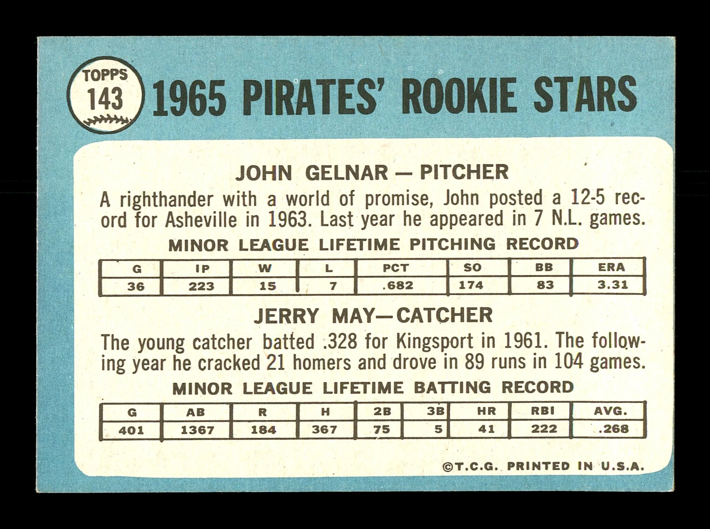 John Gelnar Autographed 1965 Topps Rookie Card #143 Pittsburgh Pirates SKU #167073 - Image 2