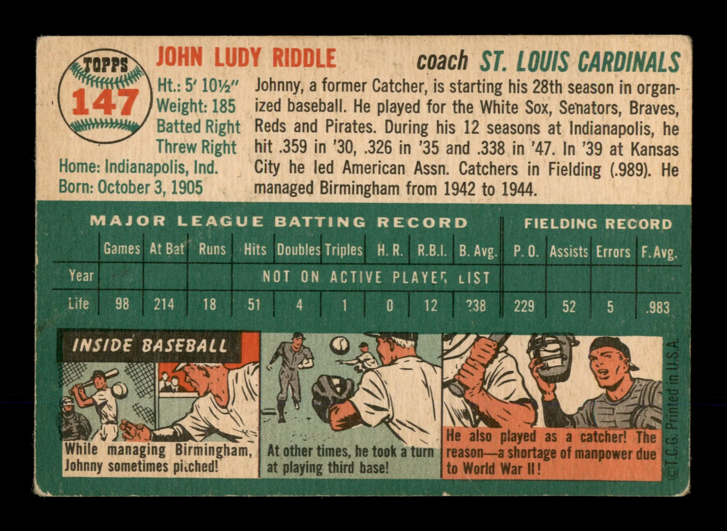 John Riddle Autographed 1954 Topps Card #147 St. Louis Cardinals SKU #198293 - Image 2