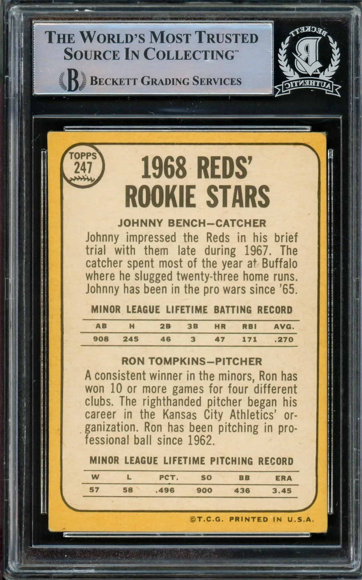 Johnny Bench Autographed 1968 Topps Rookie Card #247 Cincinnati Reds Beckett BAS #14862526 - Image 2