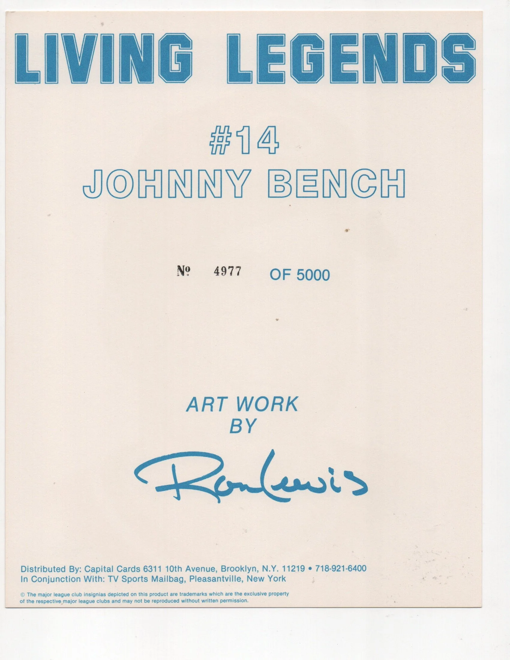 Johnny Bench Signed Living Legends #4977 of 5000 8x10 Photo (AIV AA24143) - Image 2