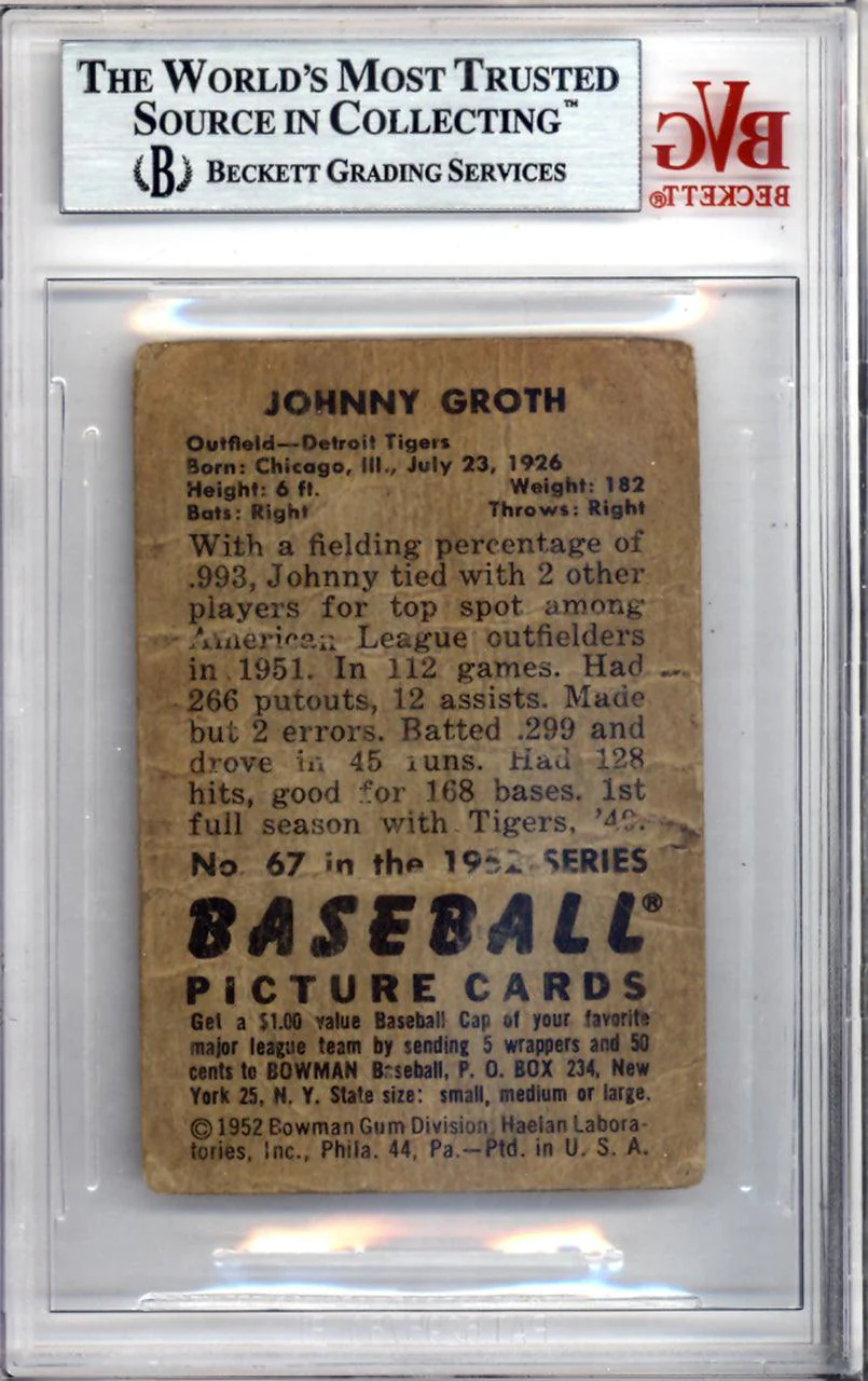 Johnny Groth Autographed 1952 Bowman Card #67 Detroit Tigers Beckett BAS #9888917 - Image 2