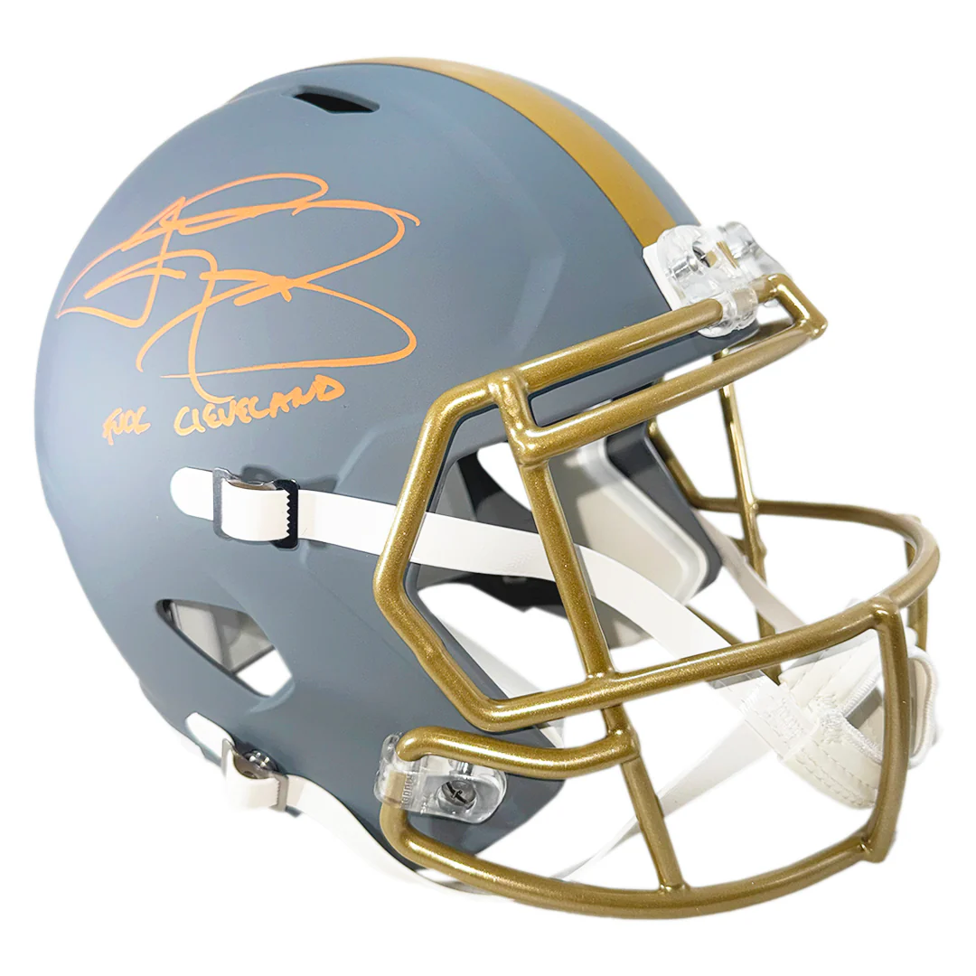 Johnny Manziel Signed Fuck Cleveland Inscription Cleveland Browns Slate Alternate Speed Full-Size Replica Football Helmet (Beckett) - Image 3