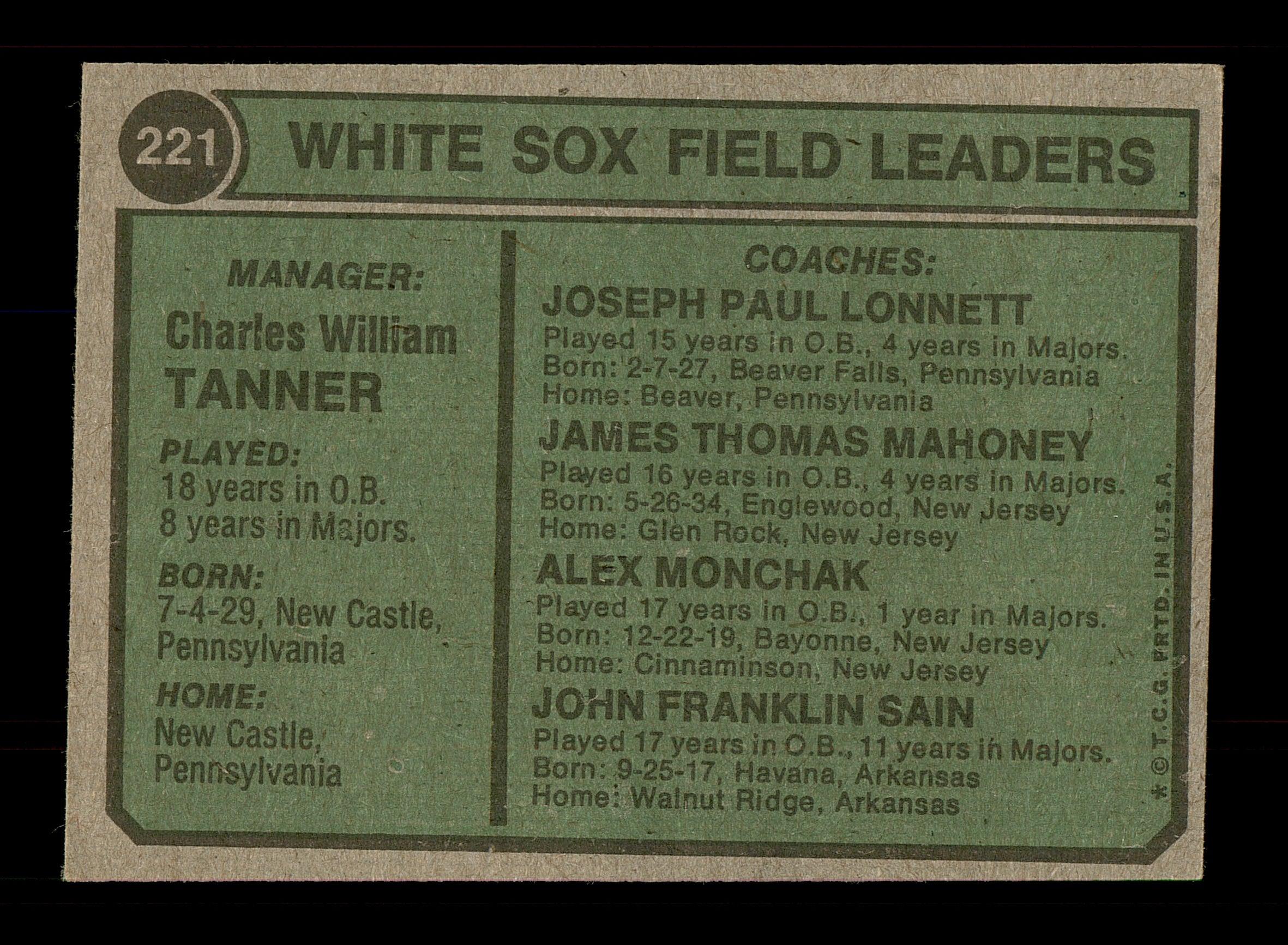 Johnny Sain & Alex Monchak Autographed 1974 Topps Card #221 Chicago White Sox SKU #167625 - Image 2