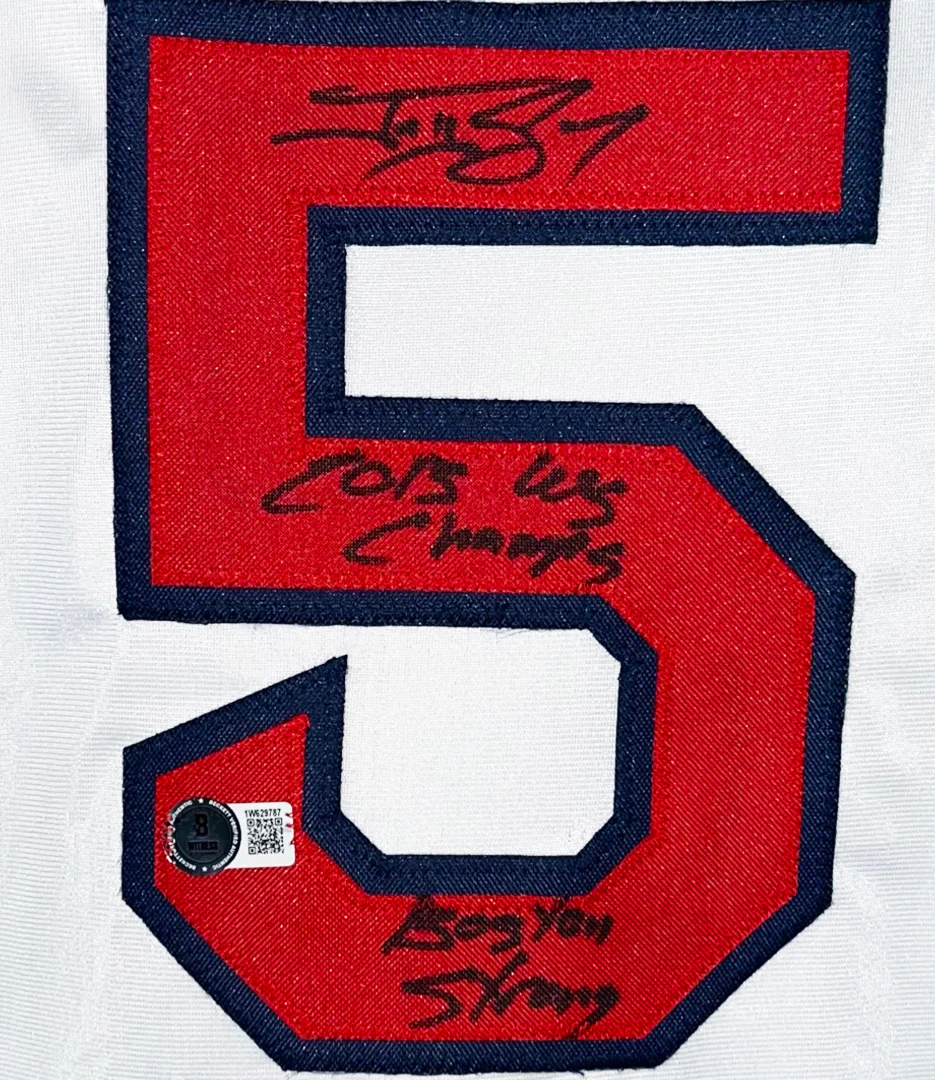 Jonny Gomes Signed 2013 WS Champs, Boston Strong Inscription Boston White Baseball Jersey (Beckett) - Image 2