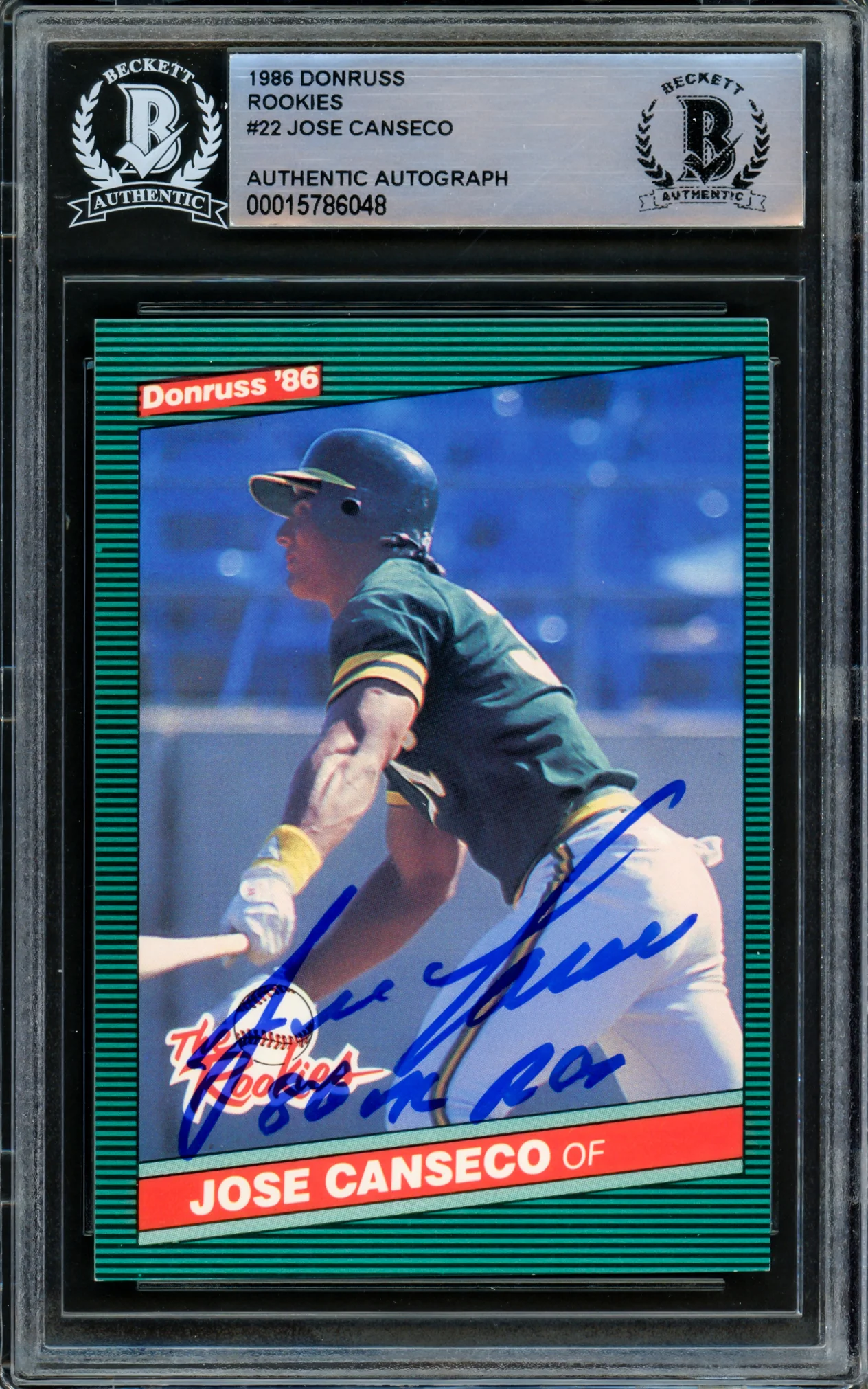 Jose Canseco Autographed 1986 Donruss The Rookies Rookie Card #22 Oakland A's "86 AL ROY" Beckett BAS Stock #216696