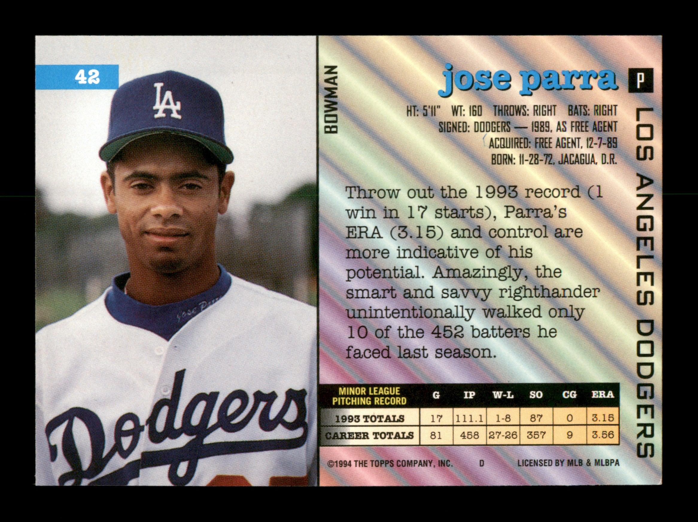 Jose Parra Autographed 1994 Bowman Card #42 Los Angeles Dodgers SKU #195743 - Image 2