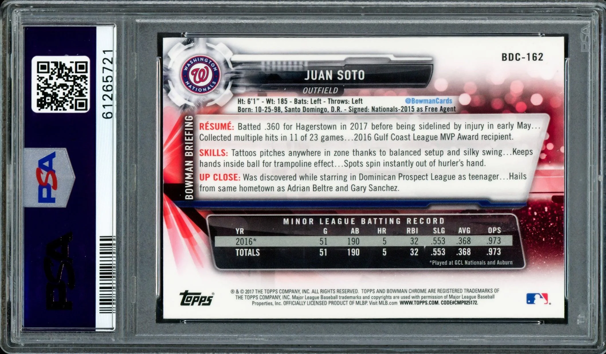 Juan Soto Autographed 2017 Bowman Draft Chrome Rookie Card #BDC162 Washington Nationals PSA 10 "2019 WS Champs" PSA/DNA #61265721 - Image 2