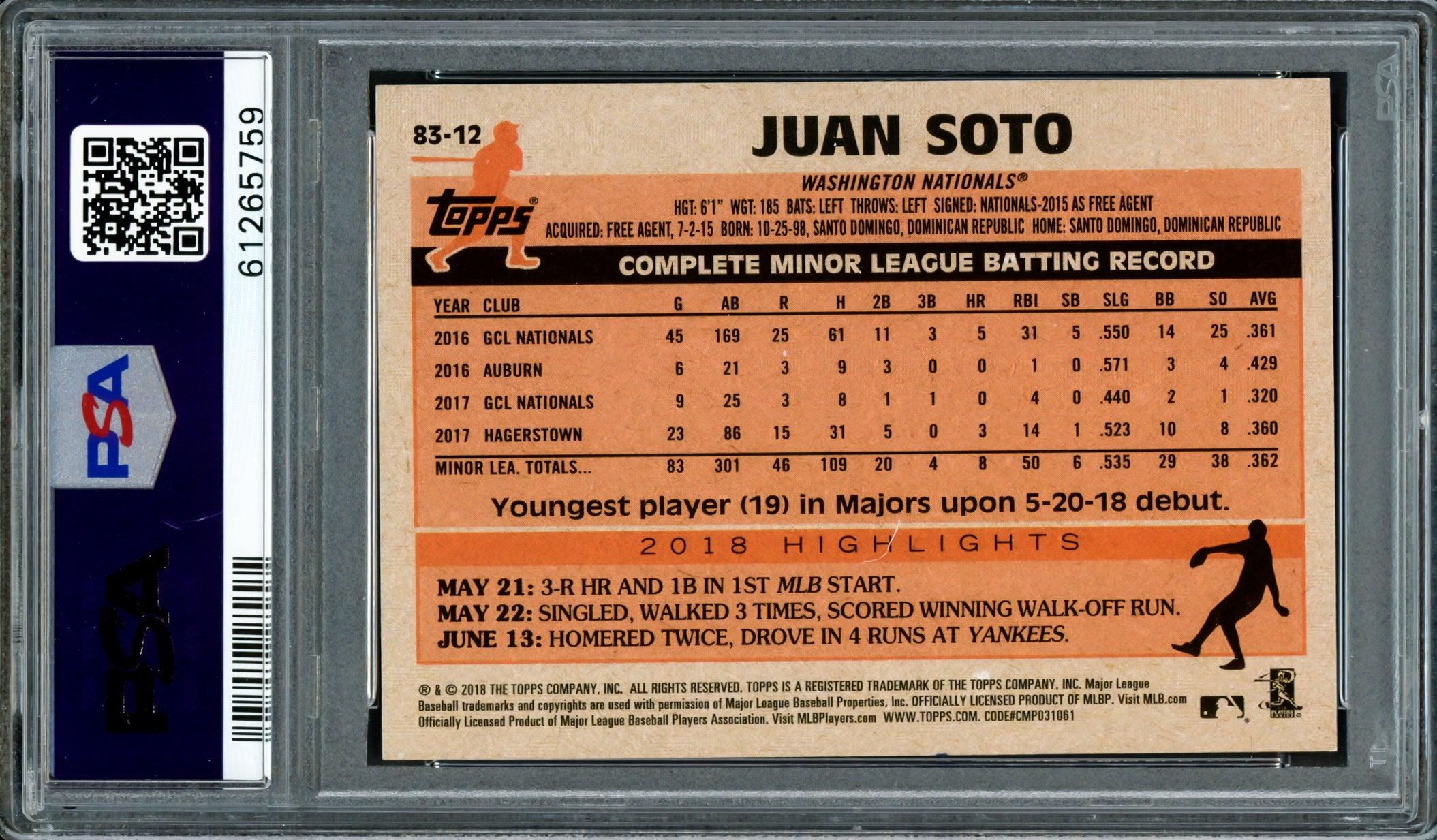 Juan Soto Autographed 2018 Topps Update 1983 Rookie Card #83-12 Washington Nationals PSA 9 PSA/DNA #61265759 - Image 2