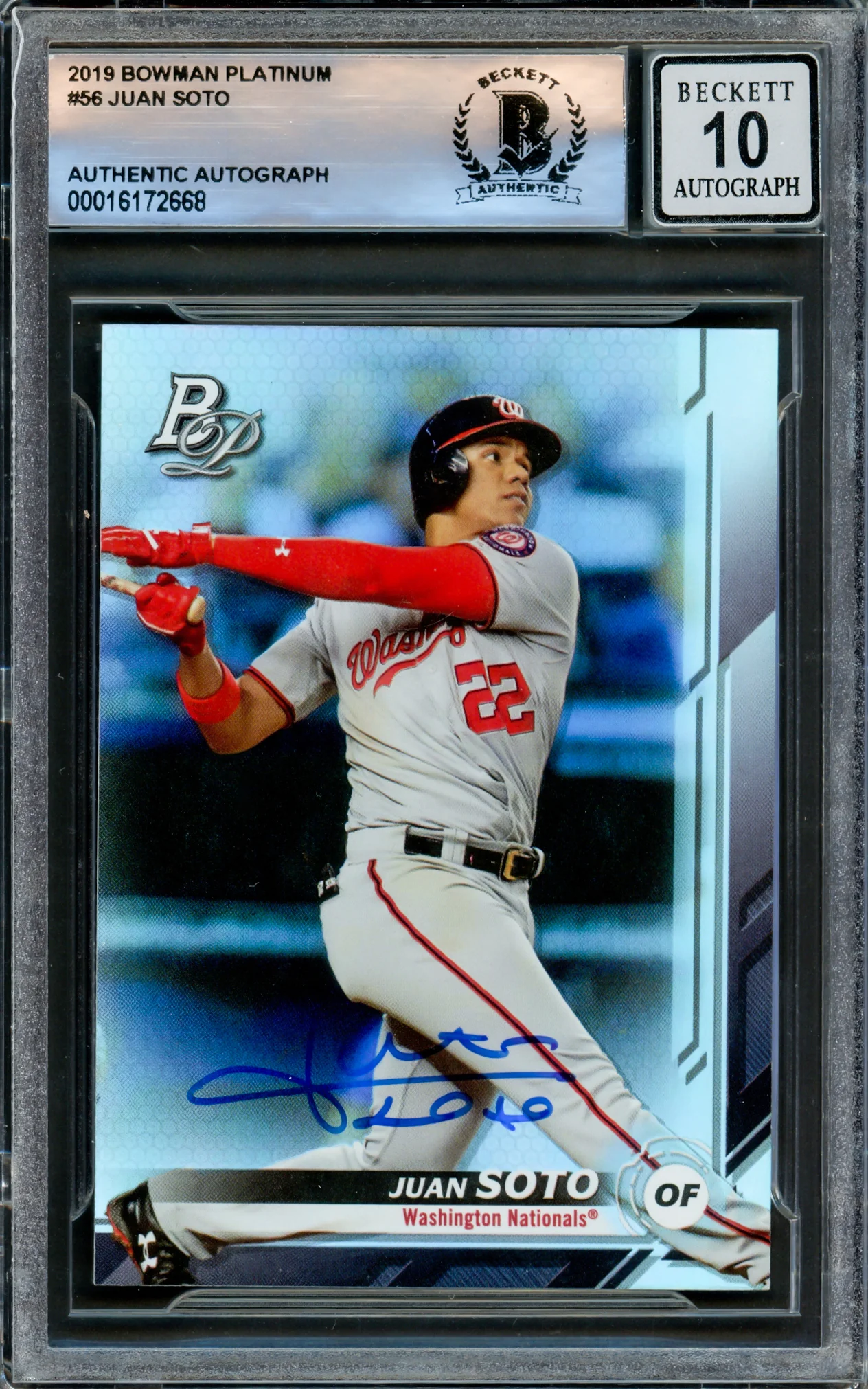 Juan Soto Autographed 2019 Bowman Platinum Card #56 Washington Nationals Auto Grade Gem Mint 10 Beckett BAS Stock #220802