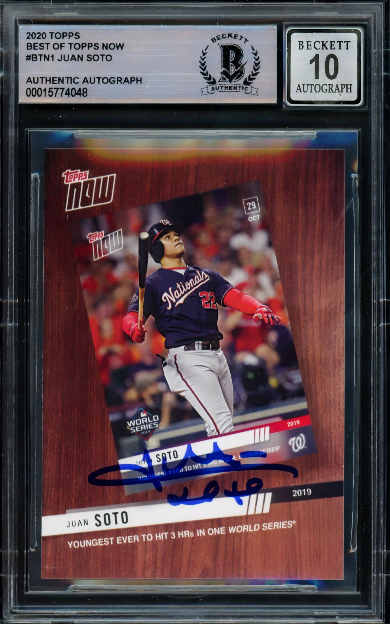 Juan Soto Autographed 2020 Topps Now Card #BTN1 Washington Nationals Auto Grade Gem Mint 10 Beckett BAS #15774048