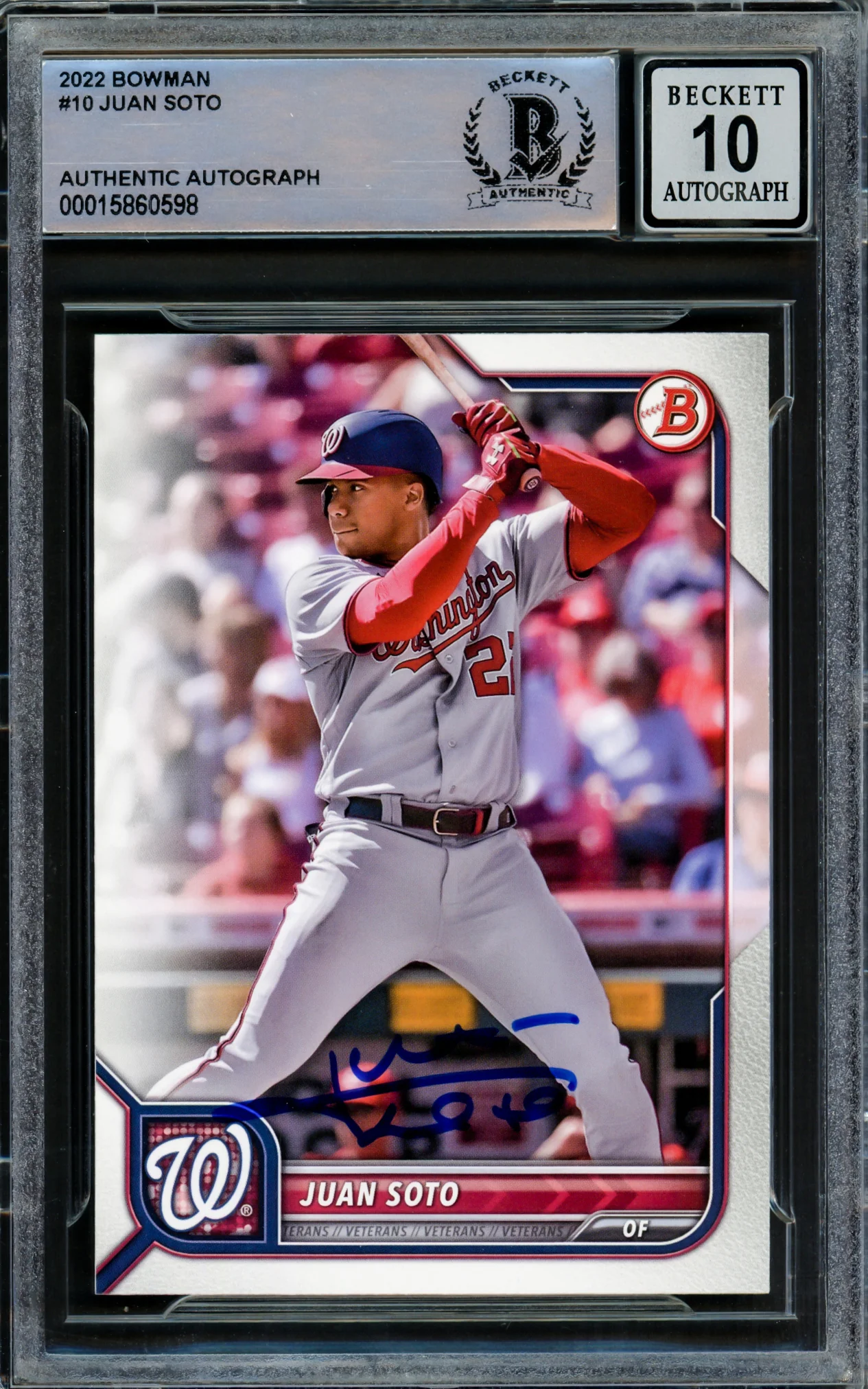 Juan Soto Autographed 2022 Bowman Card #10 Washington Nationals Auto Grade Gem Mint 10 Beckett BAS Stock #218673