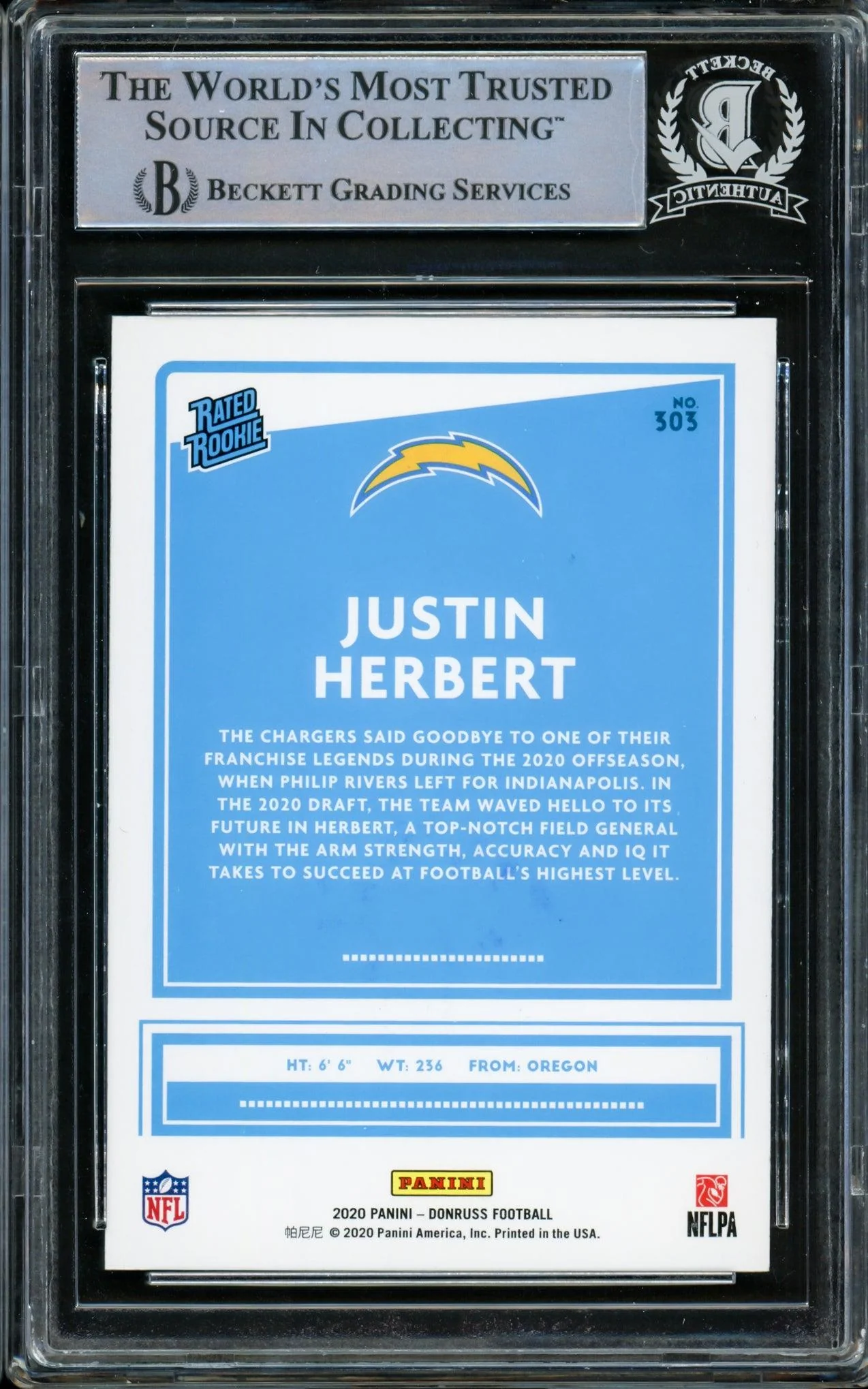 Justin Herbert Autographed 2020 Donruss Rated Rookie Blue Press Proof Rookie Card #303 Los Angeles Chargers Beckett BAS #14231489 - Image 2