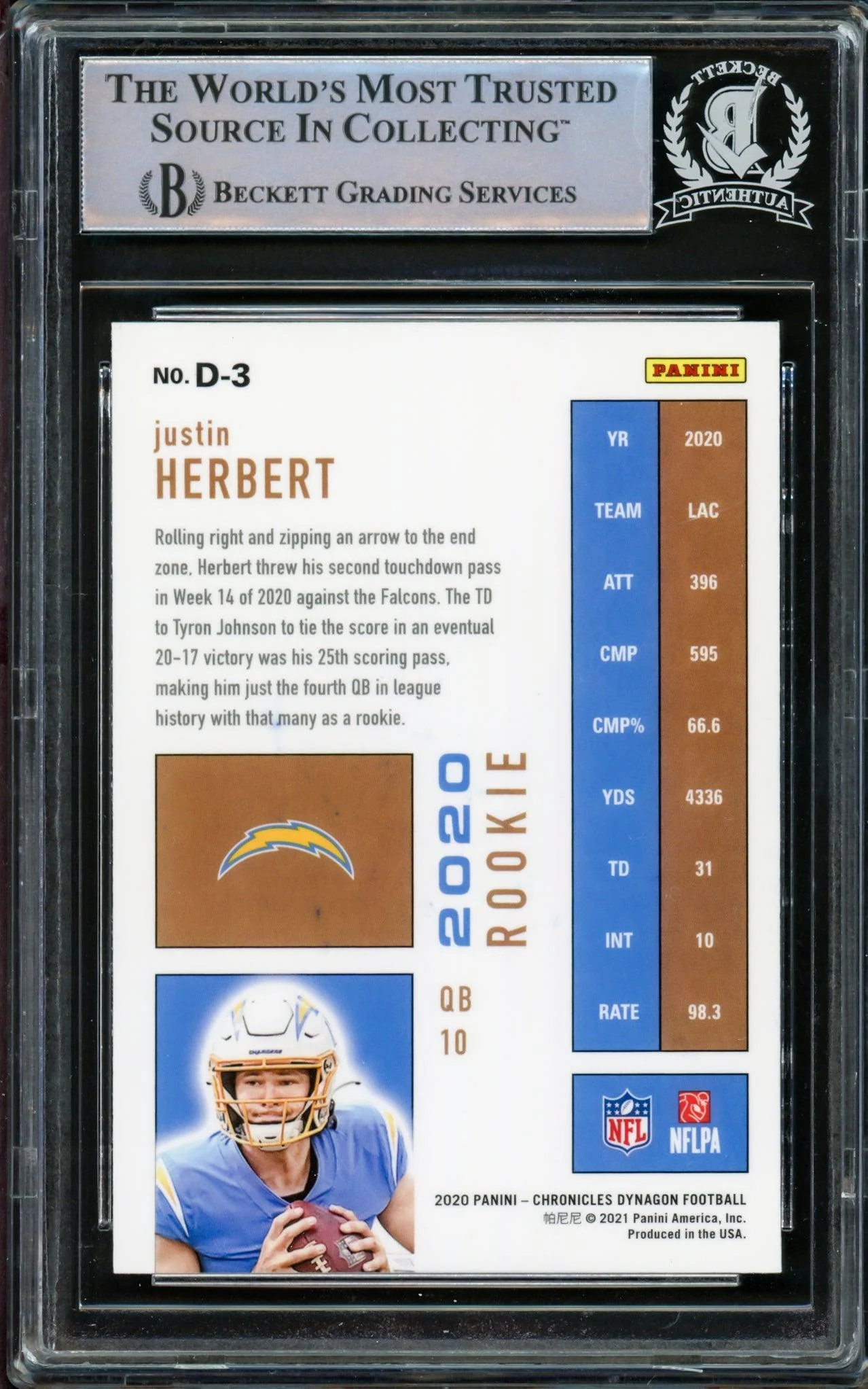 Justin Herbert Autographed 2020 Panini Chronicles Dynagon Rookie Card #D-3 Los Angeles Chargers Beckett BAS #14231506 - Image 2
