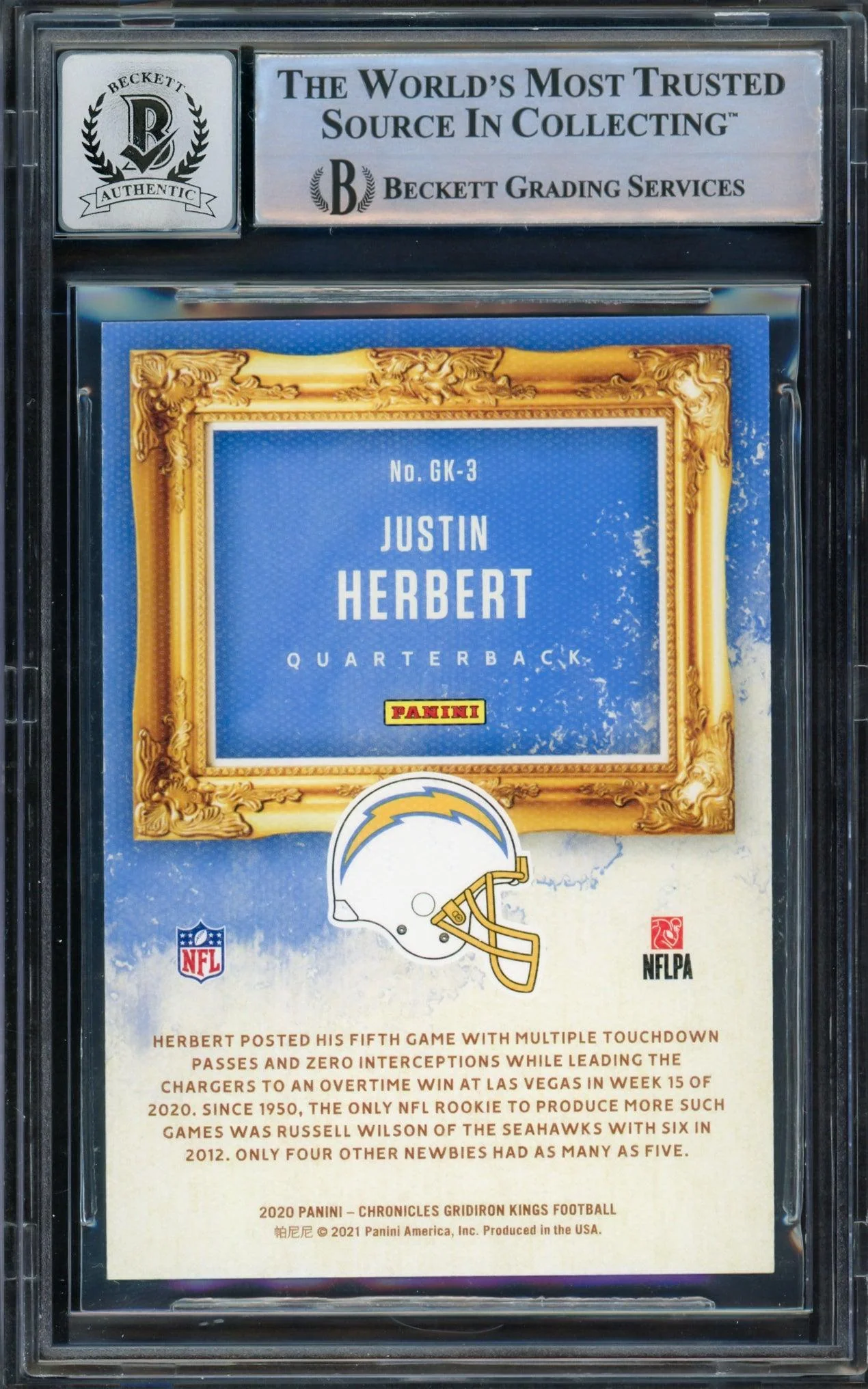 Justin Herbert Autographed 2020 Panini Chronicles Gridiron Kings Green Rookie Card #GK-3 Los Angeles Chargers Auto Grade Gem Mint 10 Beckett BAS #14243212 - Image 2
