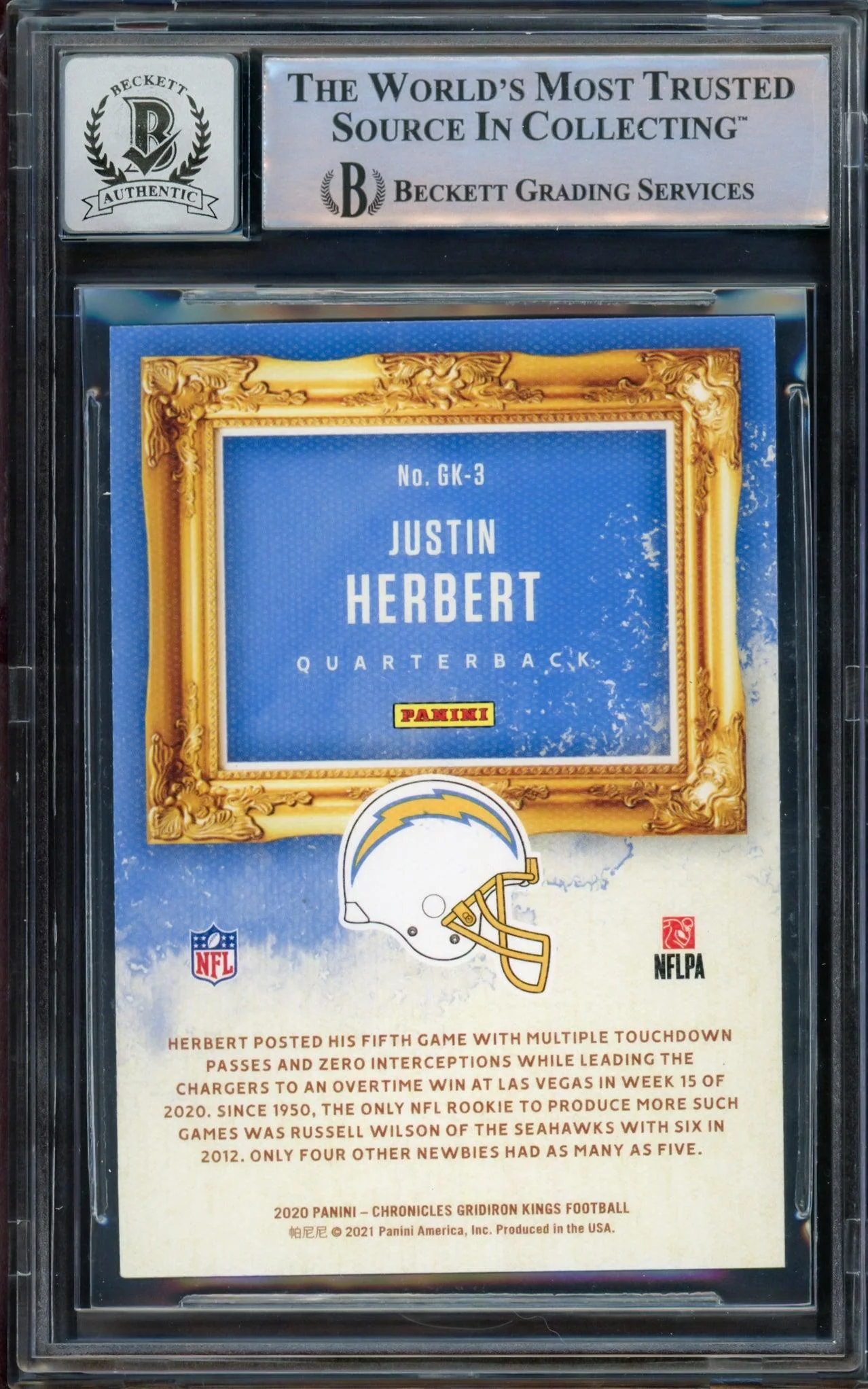 Justin Herbert Autographed 2020 Panini Chronicles Gridiron Kings Green Rookie Card #GK-3 Los Angeles Chargers Auto Grade Gem Mint 10 Beckett BAS #14243213 - Image 2